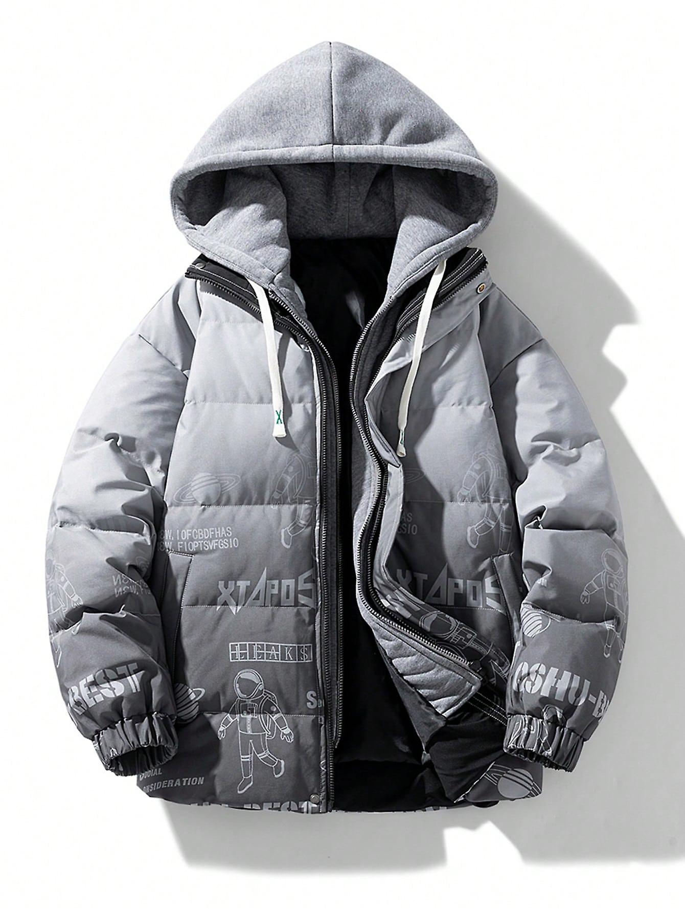 Men Letter Graphic Drawstring Hooded Puffer Coat