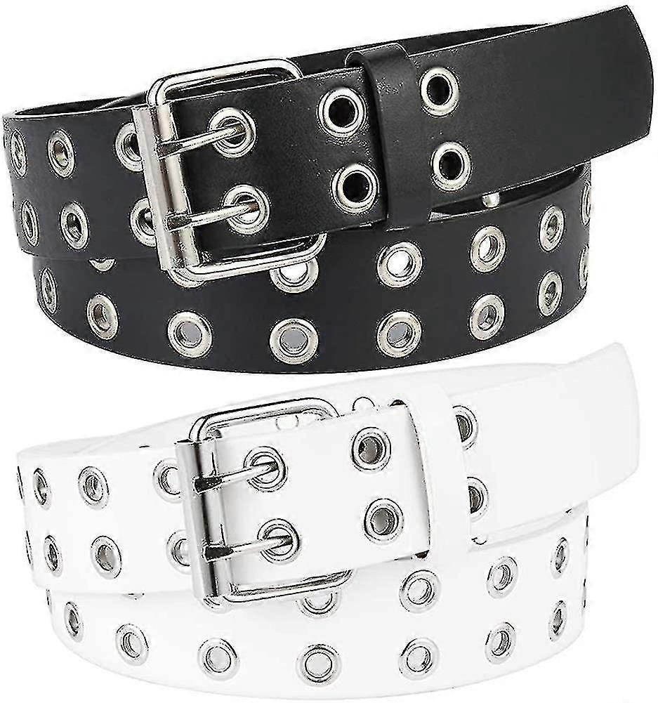 2 Pack Double Grommet Belt, Pu Leather Punk Belt 2 Hole Grommet Jeans Belt