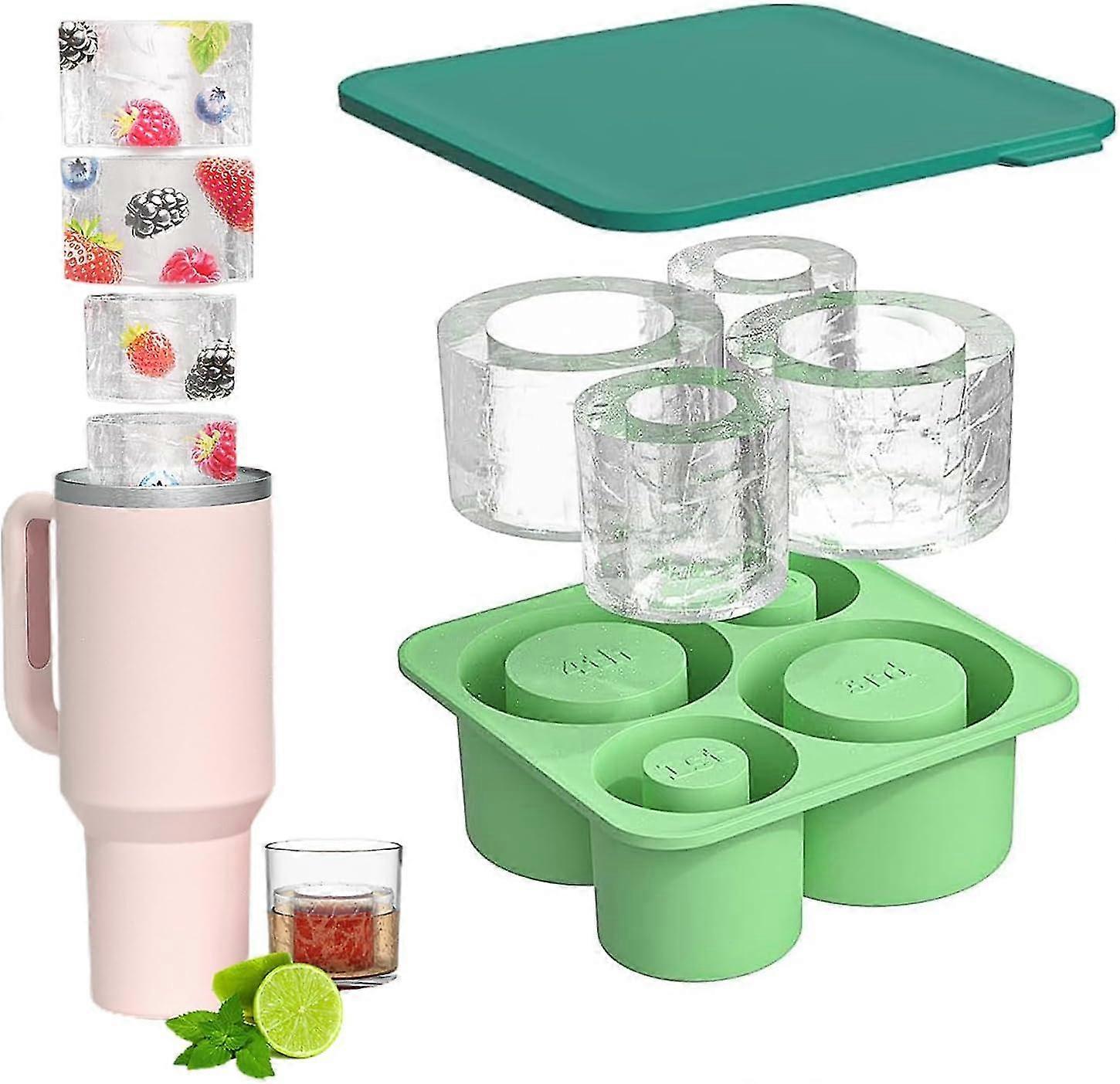 Ice Cube Tray for Stanley Cup 20Oz-40Oz, Silicone Ice Cube Maker 4 Hollow Cylinder Ice Mold With Lid for Chilling Whiskey, Drinks