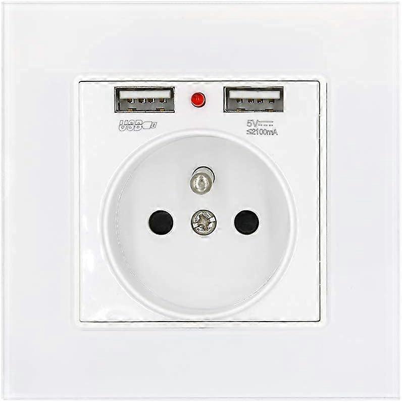 Power Socket Glass Panel French Standard Wall Socket with Power Indicator Dual Usb Charging 2.1A, Standard French Recessed Socket 16A 250V White