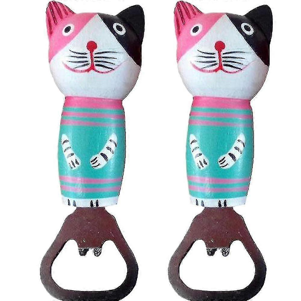 Bottle Opener Stainless Steel Beer Bottle Opener Cute Wooden Cats Wine Opener With Magnet 2pcs