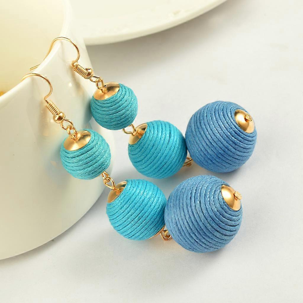 Handmade Women Multi Layer Balls Woolen Earrings Ear Hook Dangle Light Blue