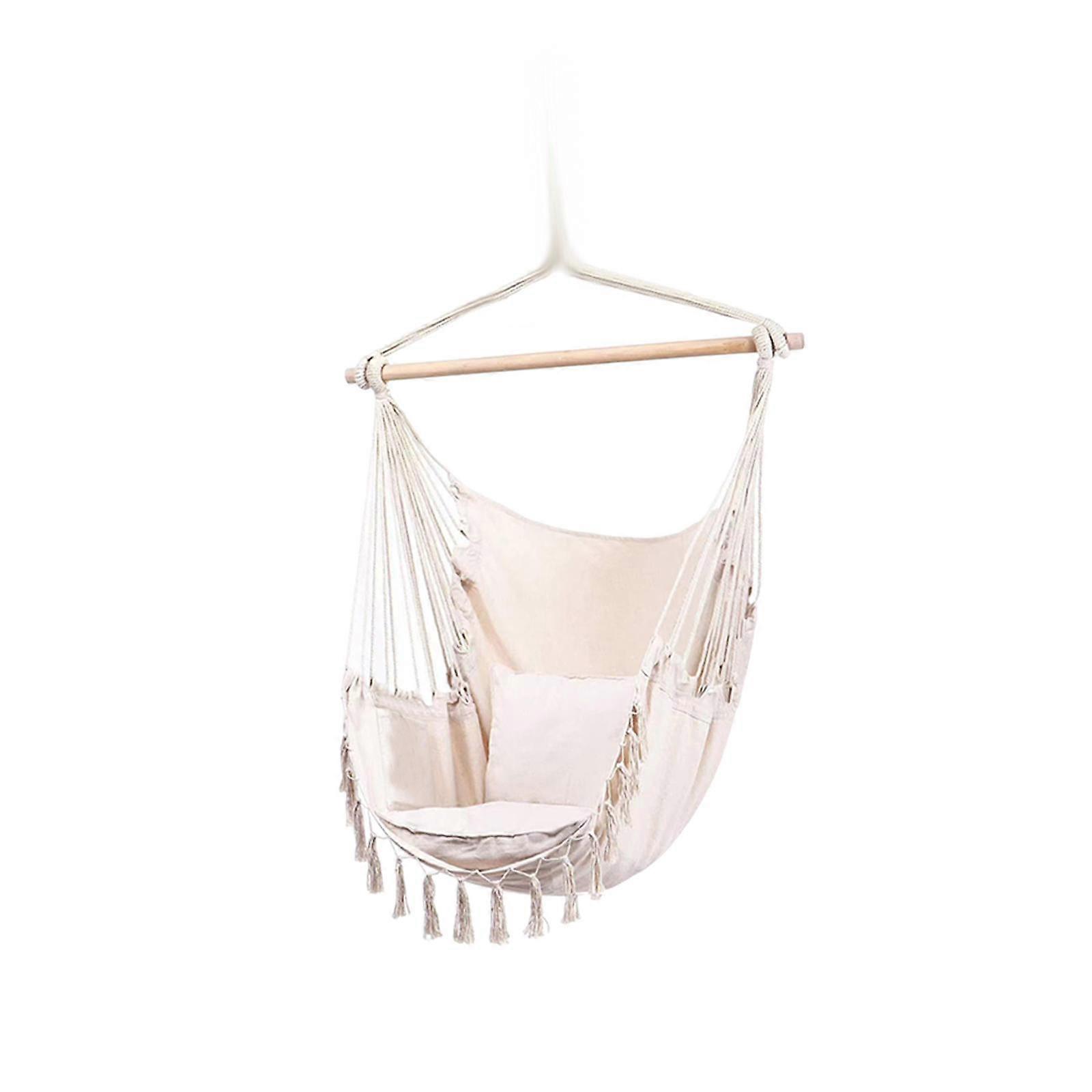 Hammock Chair Bohemian Comfortable Hanging Rope Swing for Outside Porch Deck Beige