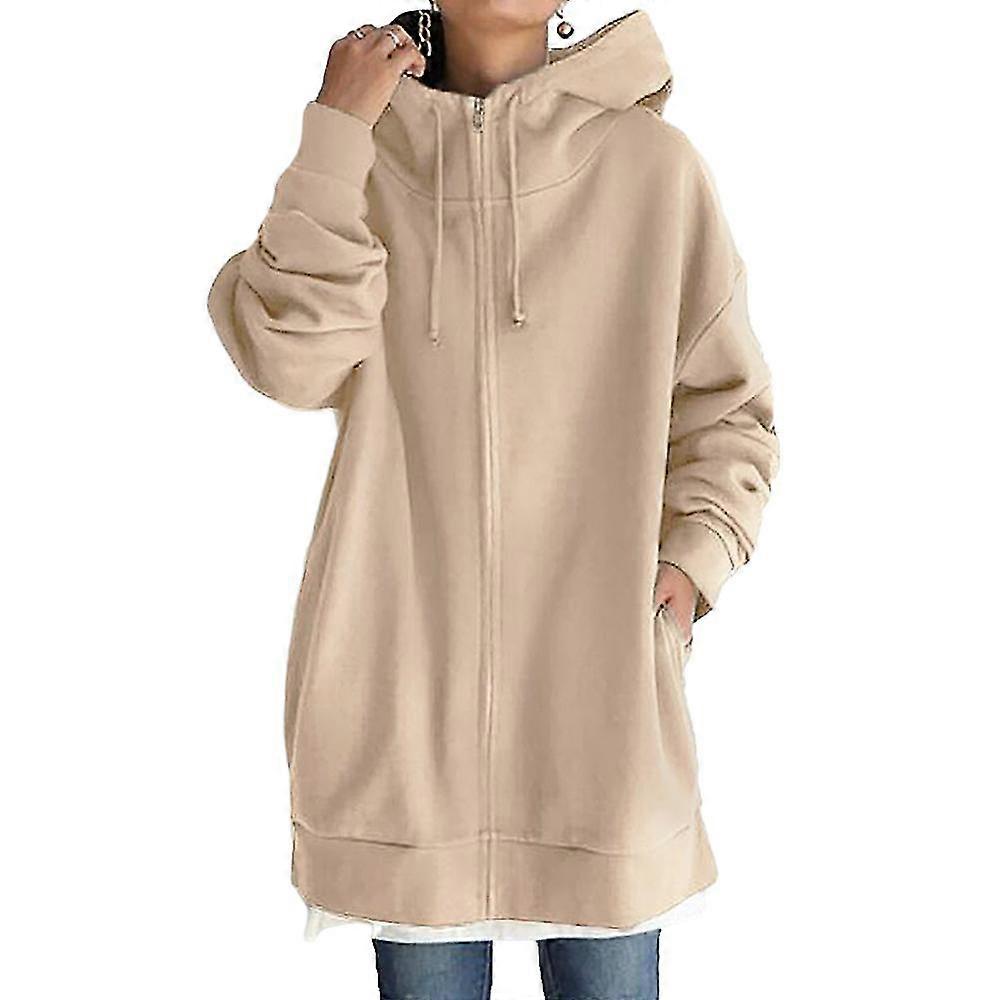 Femei doamnelor lung hanorac tunică iarna cald fleece jachete casual oversize hanorac haina fermoar sus hanorace cu buzunare