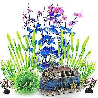 Fish Tank Decoraties Planten Met Hars Cave Rock View, Aquarium Decor Accessoires Plastic Planten, Fish Cave en Hideout Ornamenten (paarse Set)