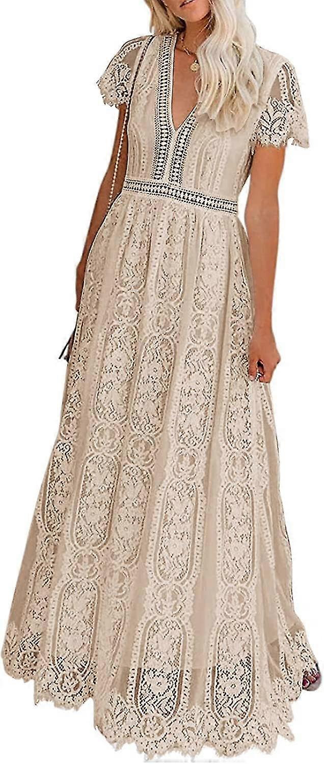 נשים V צווארון קצר שרוול פרחוני תחרה חתונה שמלה שושבינה מסיבת קוקטייל מקסי שמלה בחנות בגדי נשים