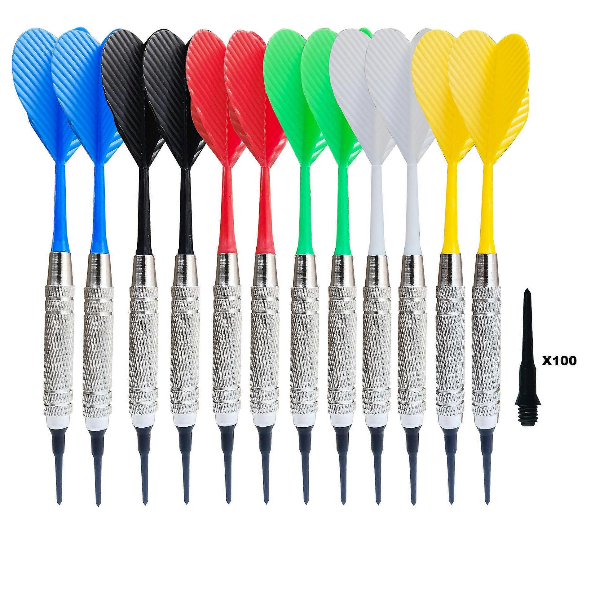 2 black, white, red, yellow, blue, and green each Plastic Tip Darts, 12 Pack Electronic Target Darts Includes 100 Dart Tips and Feather