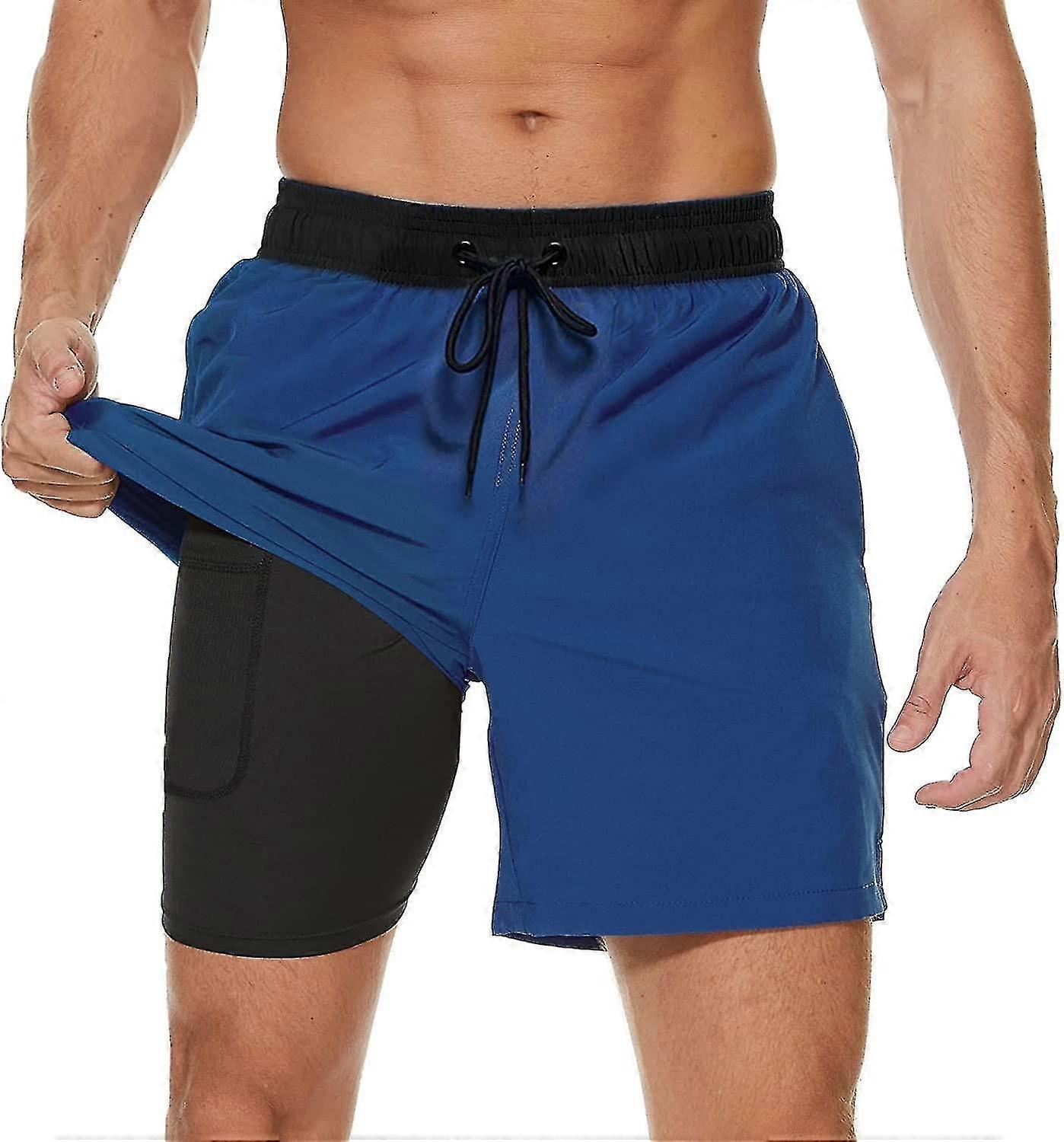 Maillot de bain pour homme avec doublure de compression 2 en 1 Short de bain pour homme à séchage rapide avec boxer Slip doublé Surf Short de plage extensible avec poches zippées Xi