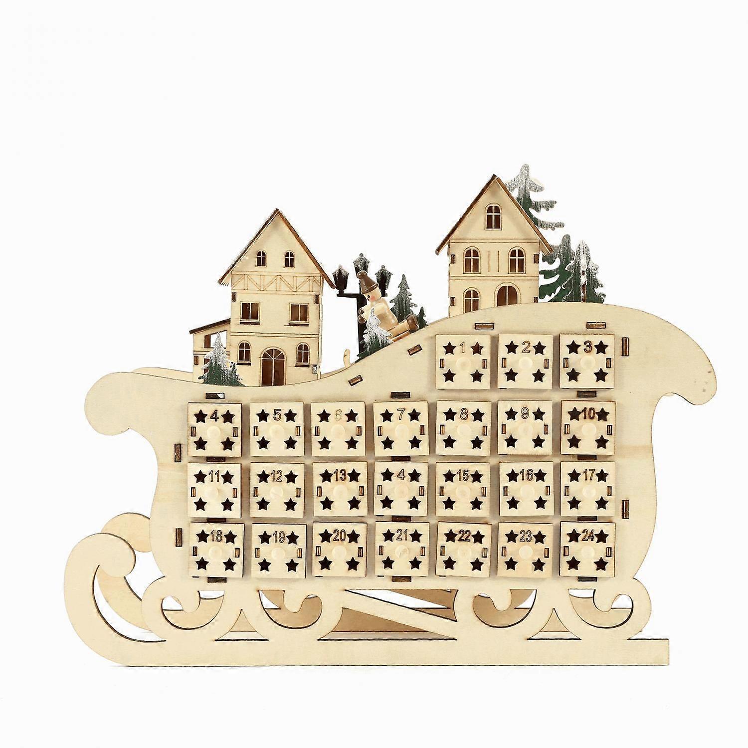 JUSTUP Advent Calendar with Lighted Reindeer Sled Christmas Tree Snowflake Lighted Wooden Countdown to Christmas Calendar Decoration with 24 Storage D