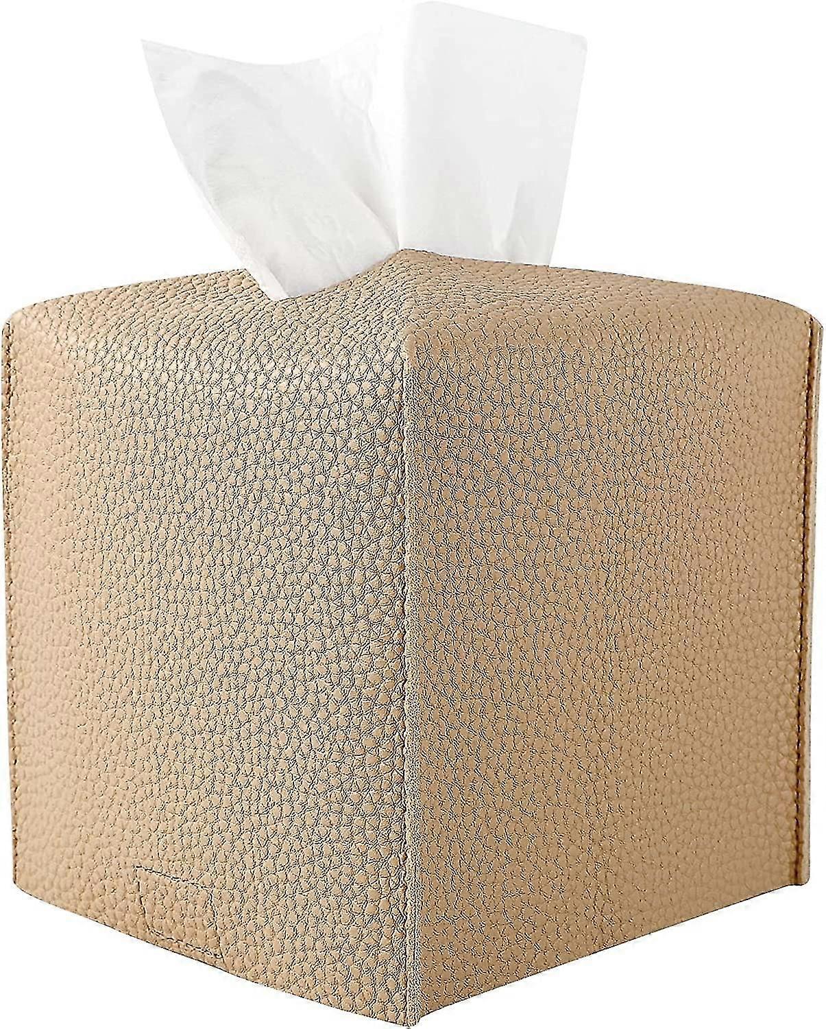 Tissue Box Holder - Modern Pu Leather Square Tissue Box Cover - Beige
