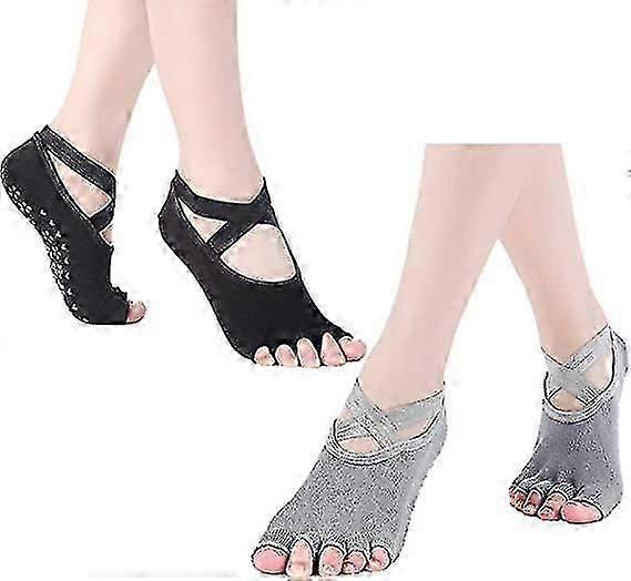 Yoga Socks For Non-slip Women Sock Sox Five Toe With Grips Toeless One Size 2 Pairs
