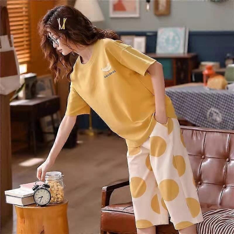 2 st / set pyjamas set rund hals kortärmad lös hemkläder elastisk midja beskurna byxor sommar nattkläder