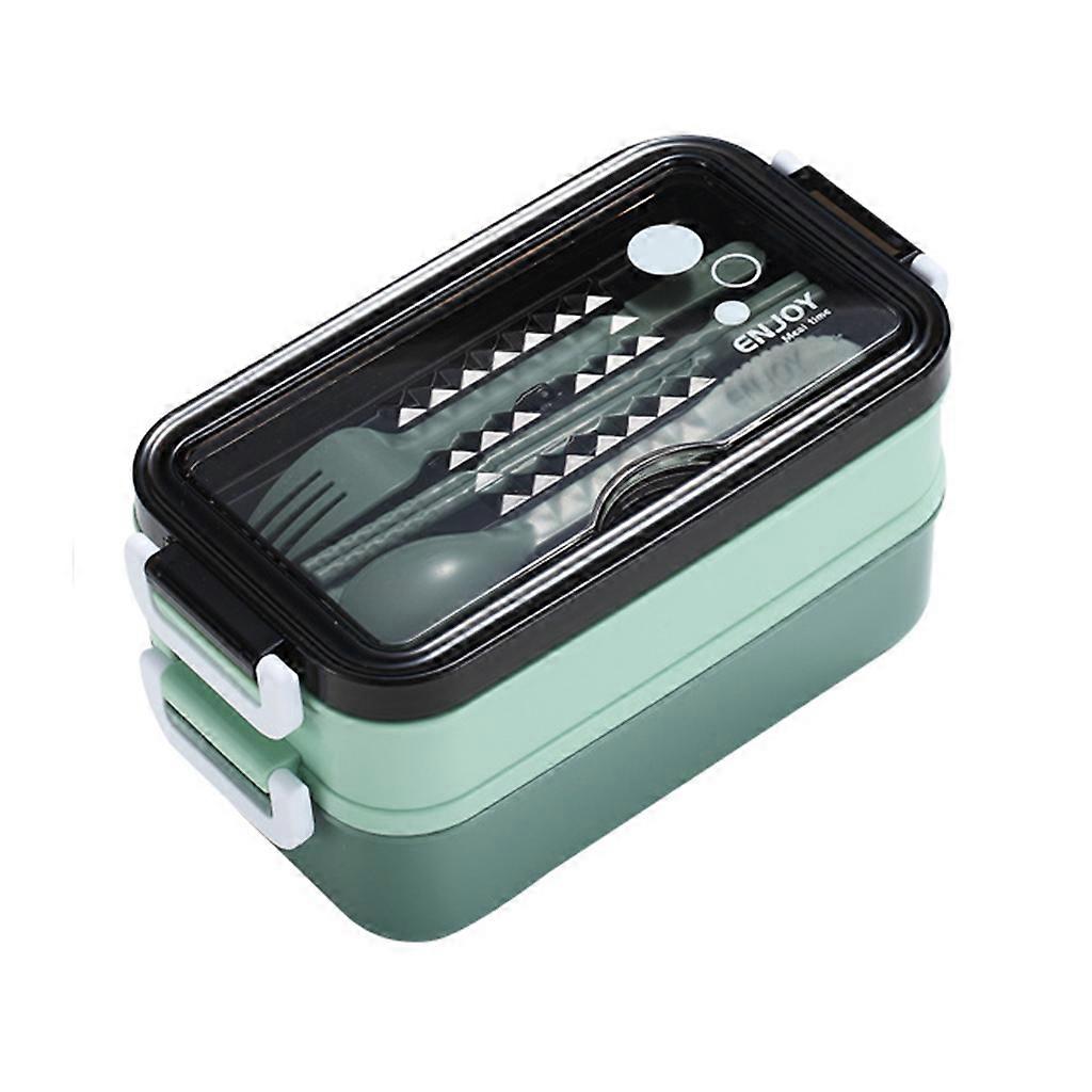 Double Layer Lunch Box with Spoon Fork Chopsticks Leak-Proof Bento Dinnerware Set Microwave Adult Student Green