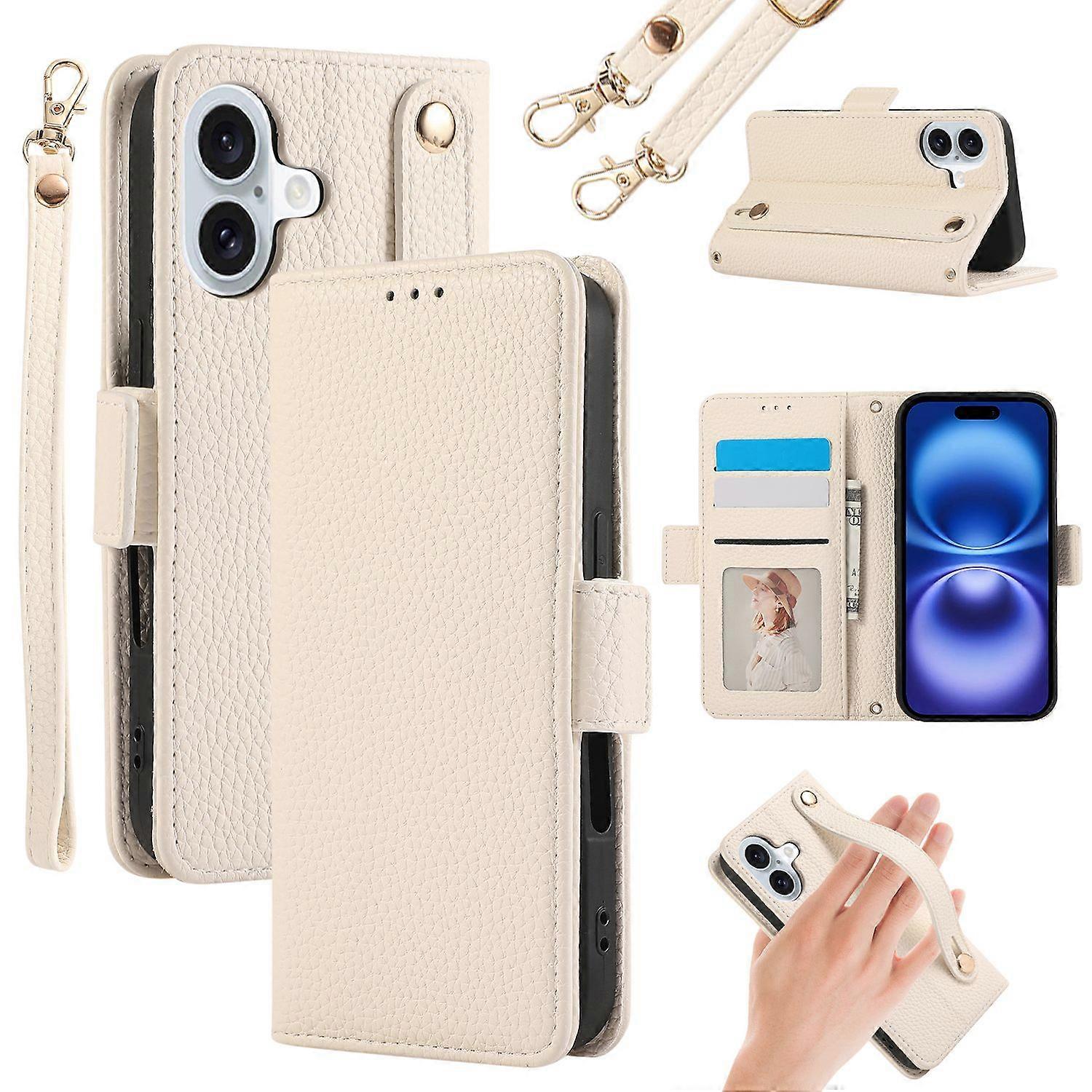 For iPhone 16 Leather Case with Card Holder,Straps,Shockproof Wallet Phone Cover-Beige