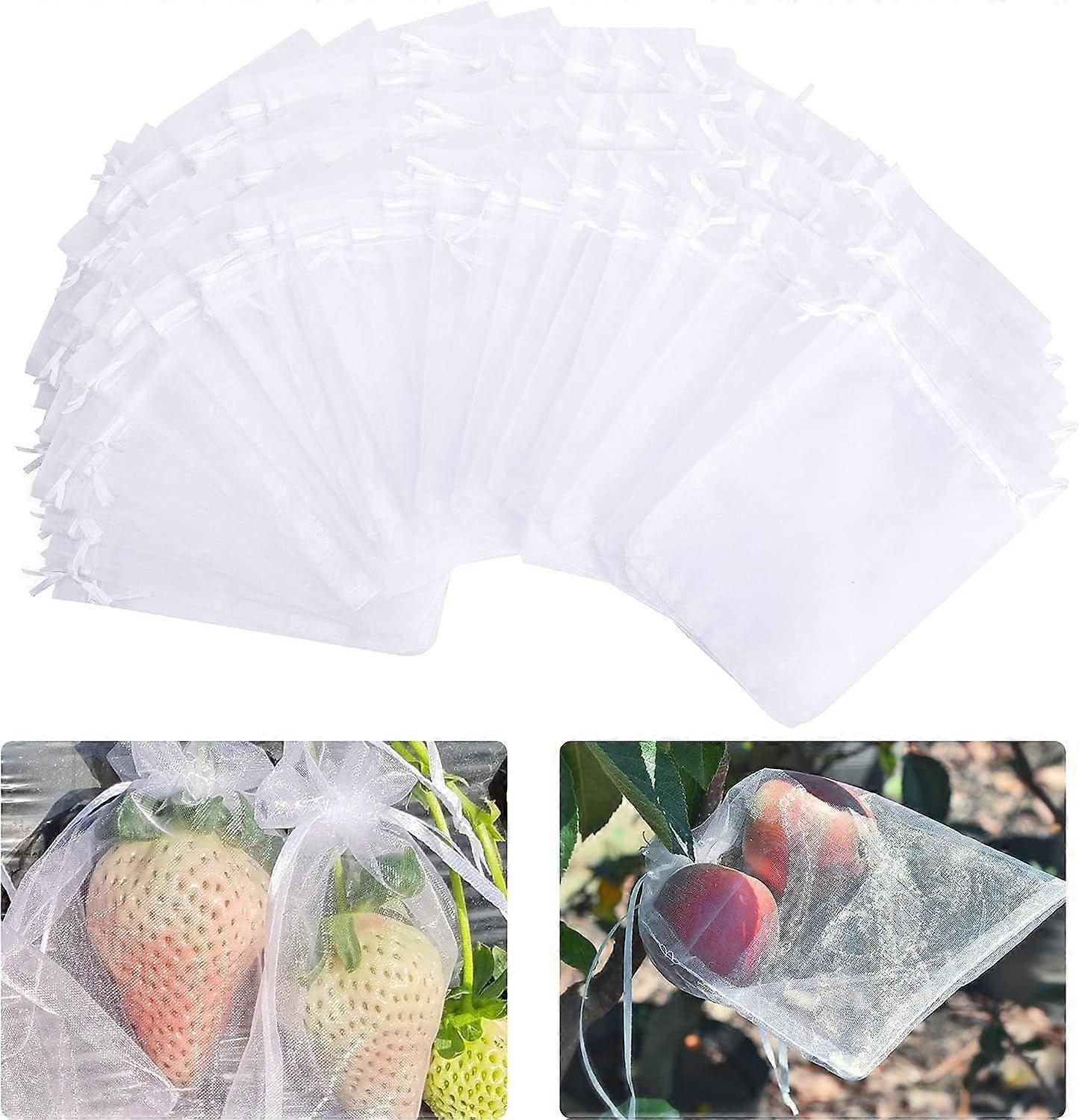 100 pièces Organza fruits filets sacs - 6x8 pouces fruits protection sacs avec cordon, jardin plante filet barrière sac pour tomates, raisins, mangues