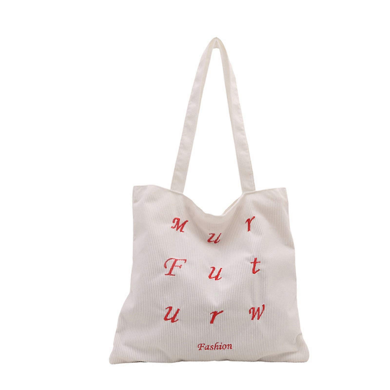 Sac à bandoulière tendance en velours côtelé avec un grand espace pour un usage quotidien, le travail, les voyages et l'école, grand sac à main blanc brodé avec lettres