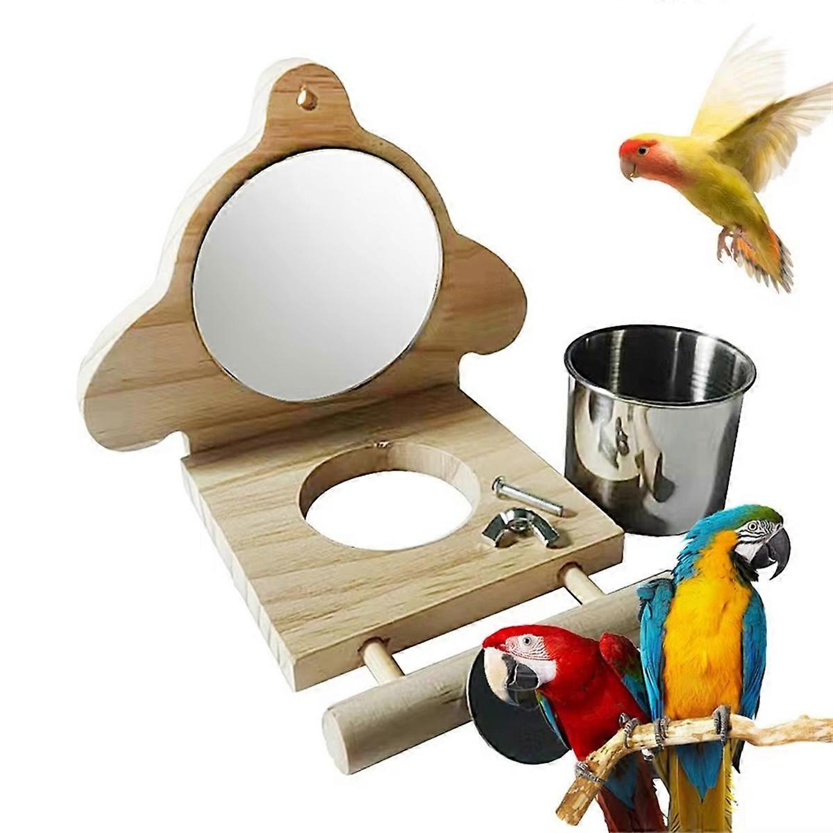 Parrot Perch Wooden Parakeet Mirror Toy Bird Parrot Perch with Mirror and Feeding Cups Cage Play Toy