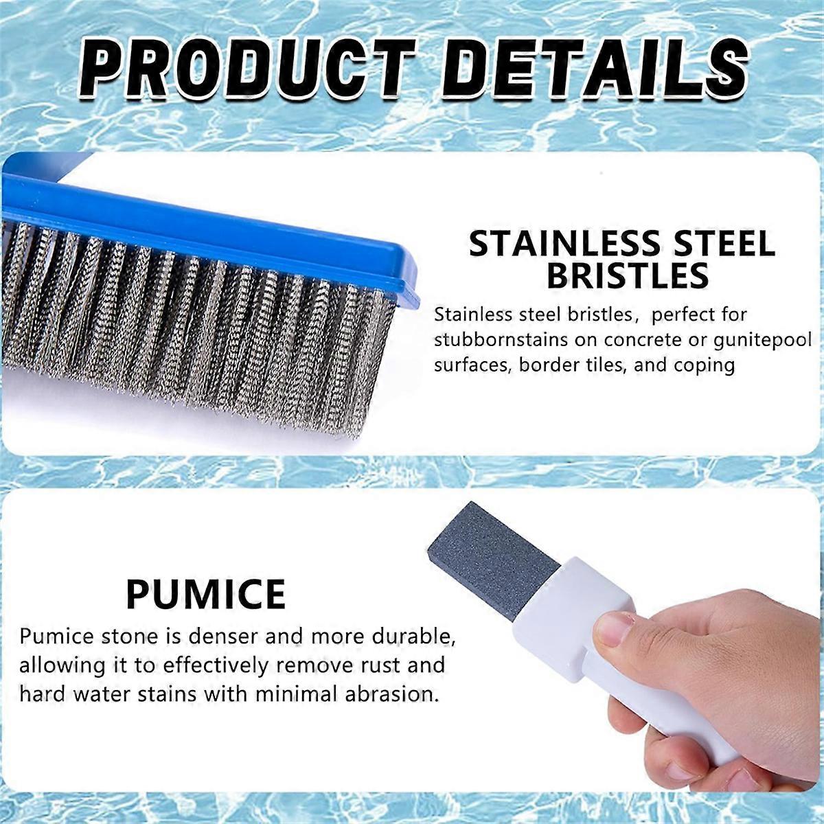 2 Pcs Pool Pumice Stone with Handle and 10inch Stainless Steel Pool Brush for Inground/Above Ground