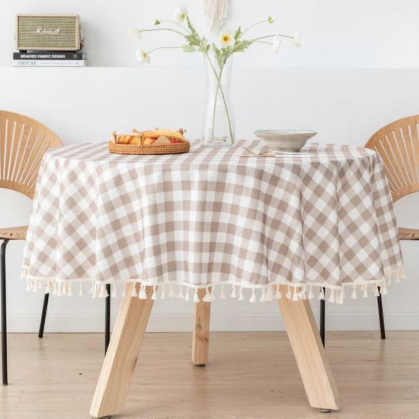 Polyester Plaid Tablecloth 48 Inch Round Handmade Wrinkle-Free for Kitchen and Party Use