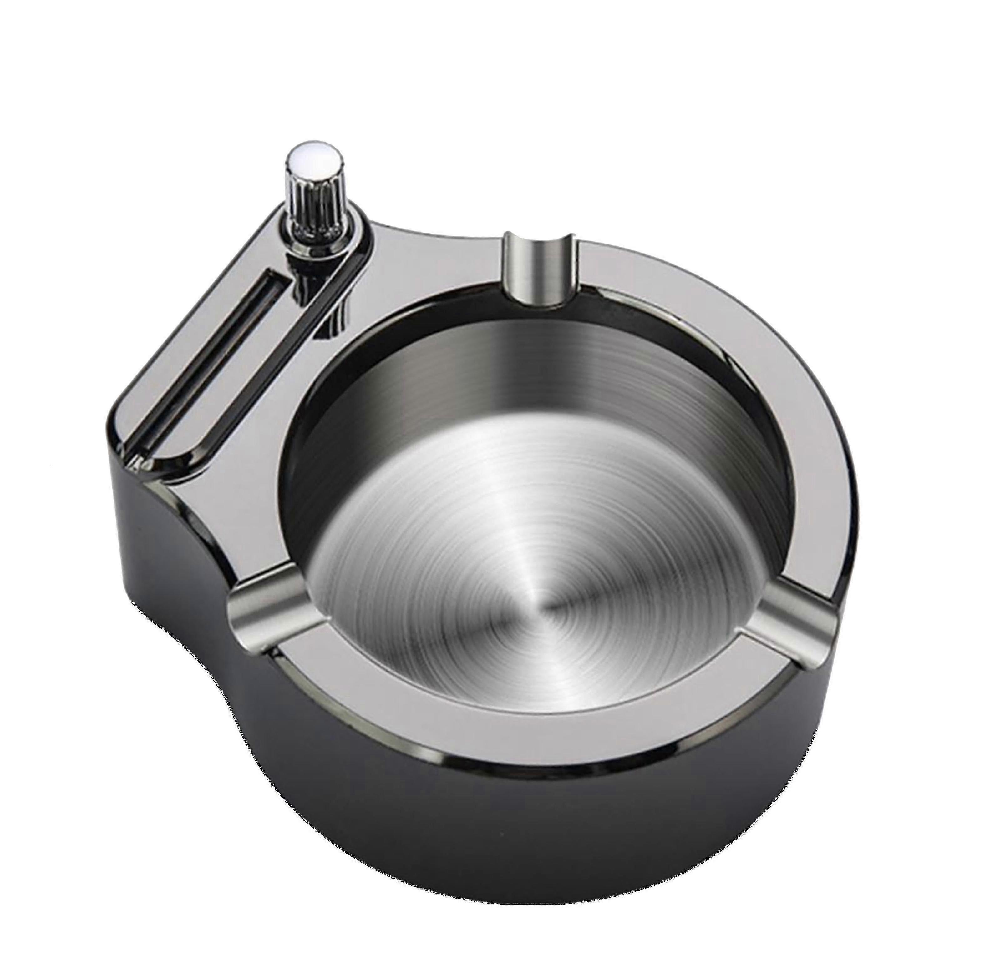 2-in-1 Ashtray With Lighter - Metallic Silver - Stainless Steel Ashtray With Built-in Lighter And 3 Cigarette Holders Hy
