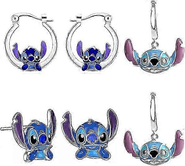 Stitch 耳环 3 件套，可爱的卡通耳环，低过敏性耳滴送给女性和女孩的礼物
