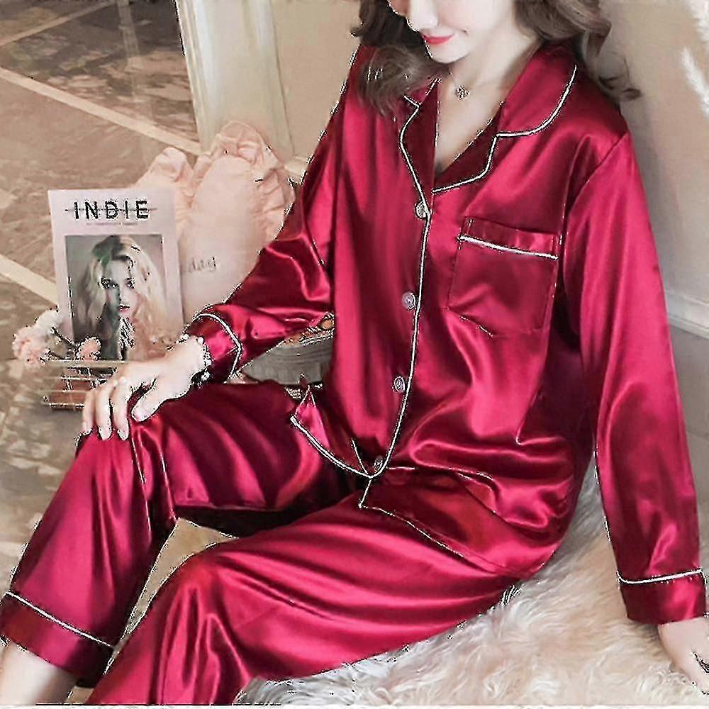 Kvinnor Satin Silk Look Nattkläder Pyjamas Långärmad Nattkläder Set -CN-NYTT