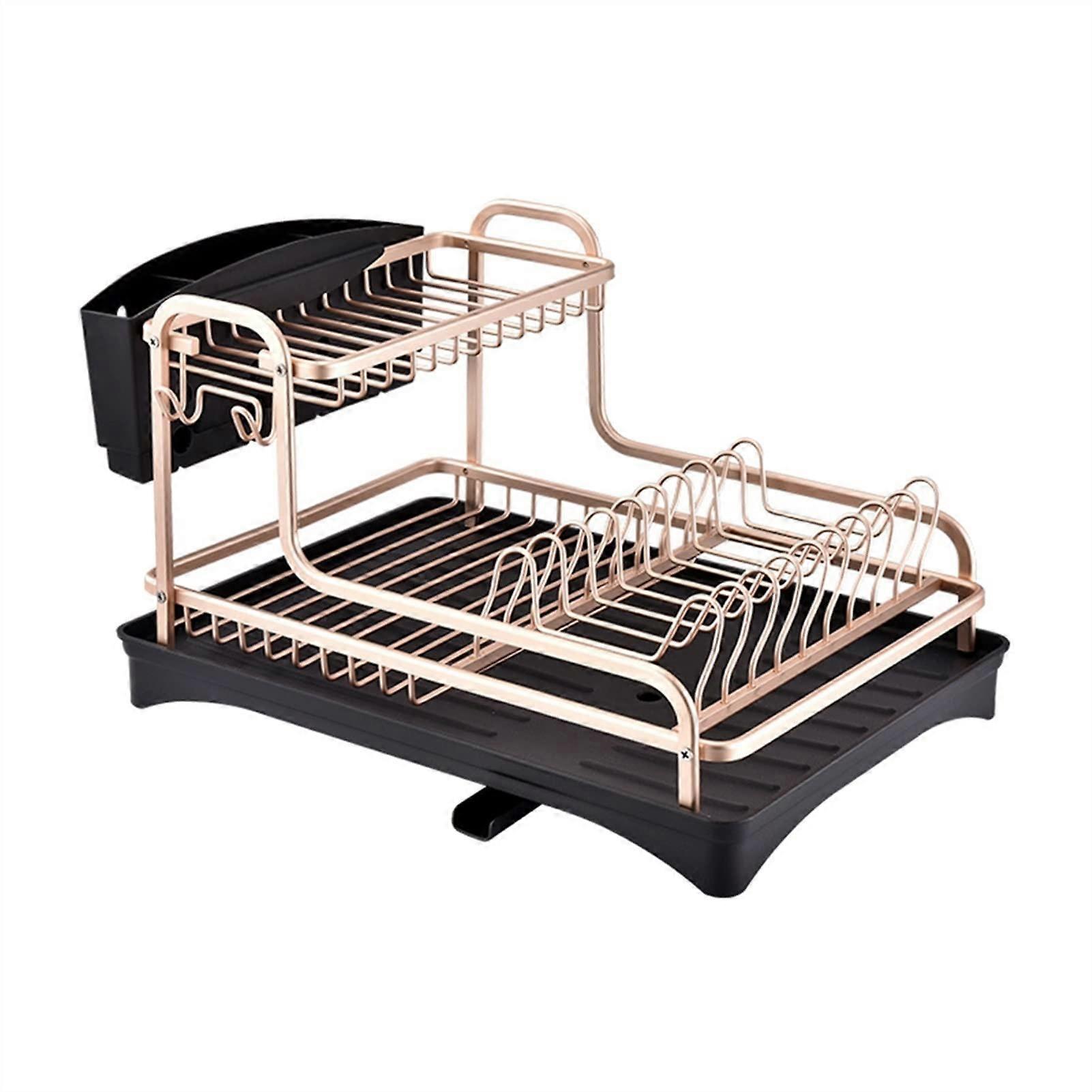 Dish Rack Kitchen Organizer Aluminium Dish Drying Rack with Space-Saving Drainer Plate and Fork Holder for Efficient Drying