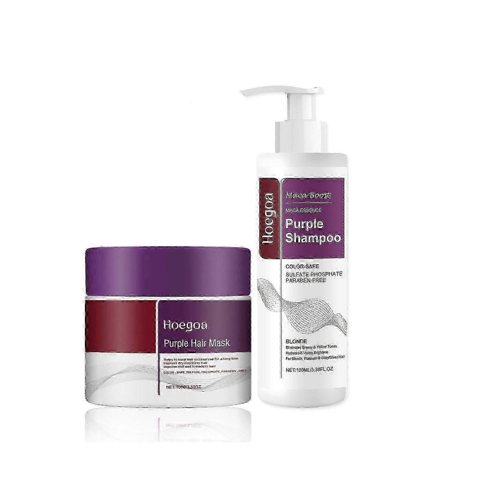 Shampooing violet à la maca + ensemble de masques capillaires violets à la maca, ensemble de nettoyages en douceur revitalisants en profondeur, neutralise les tons jaunes de laiton pour un haut blond gris argenté