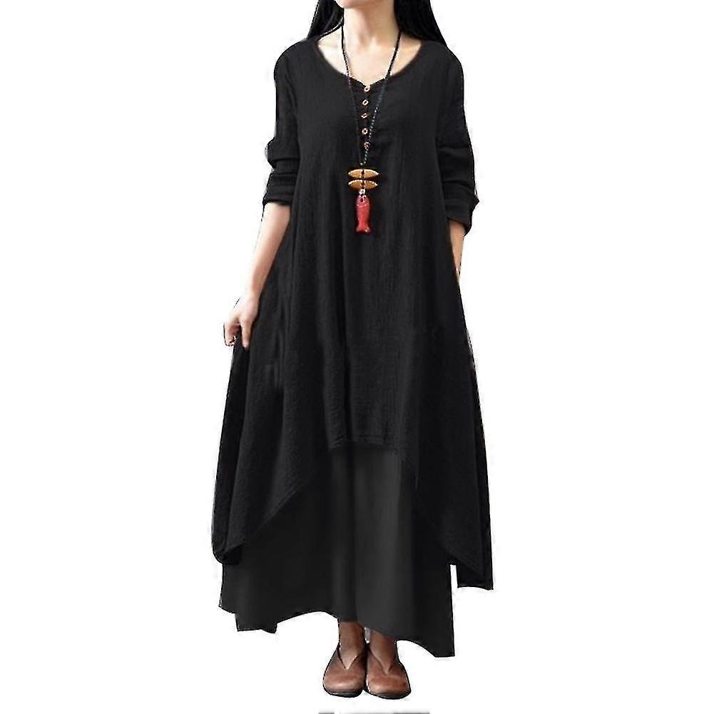 Damen Plus Size Oversized Langarm-Maxikleid mit lockerer Passform und mehrlagigem Layering