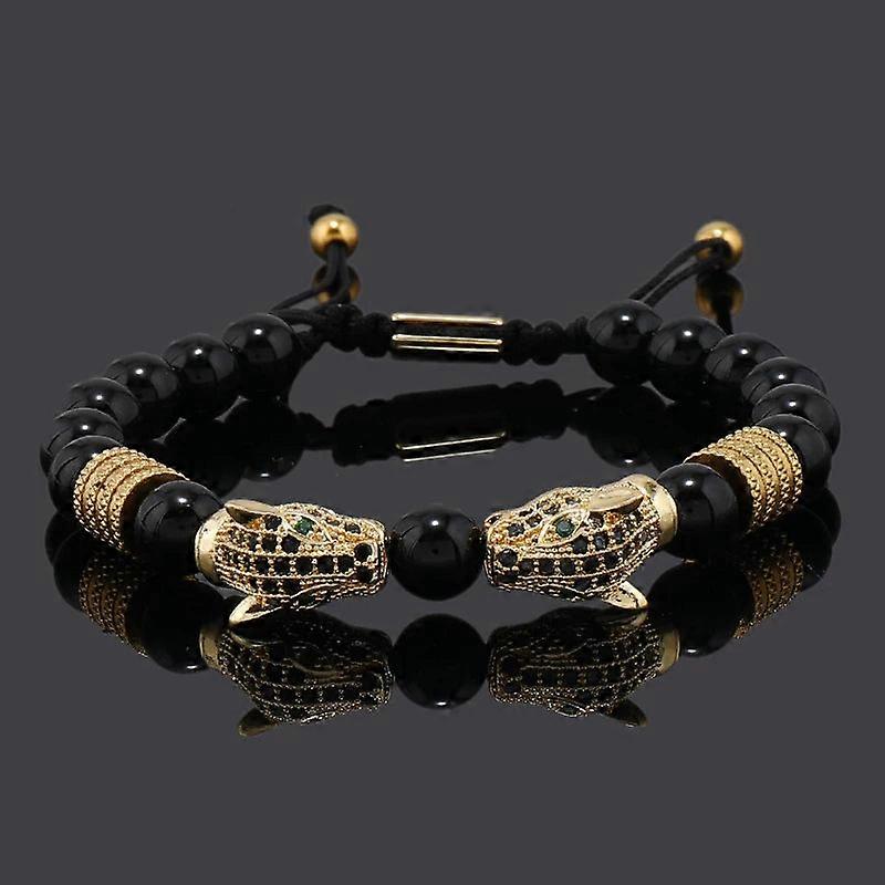 Black Stone Beads Mens Bracelet Leopard Head Charms Unisex Bracelets
