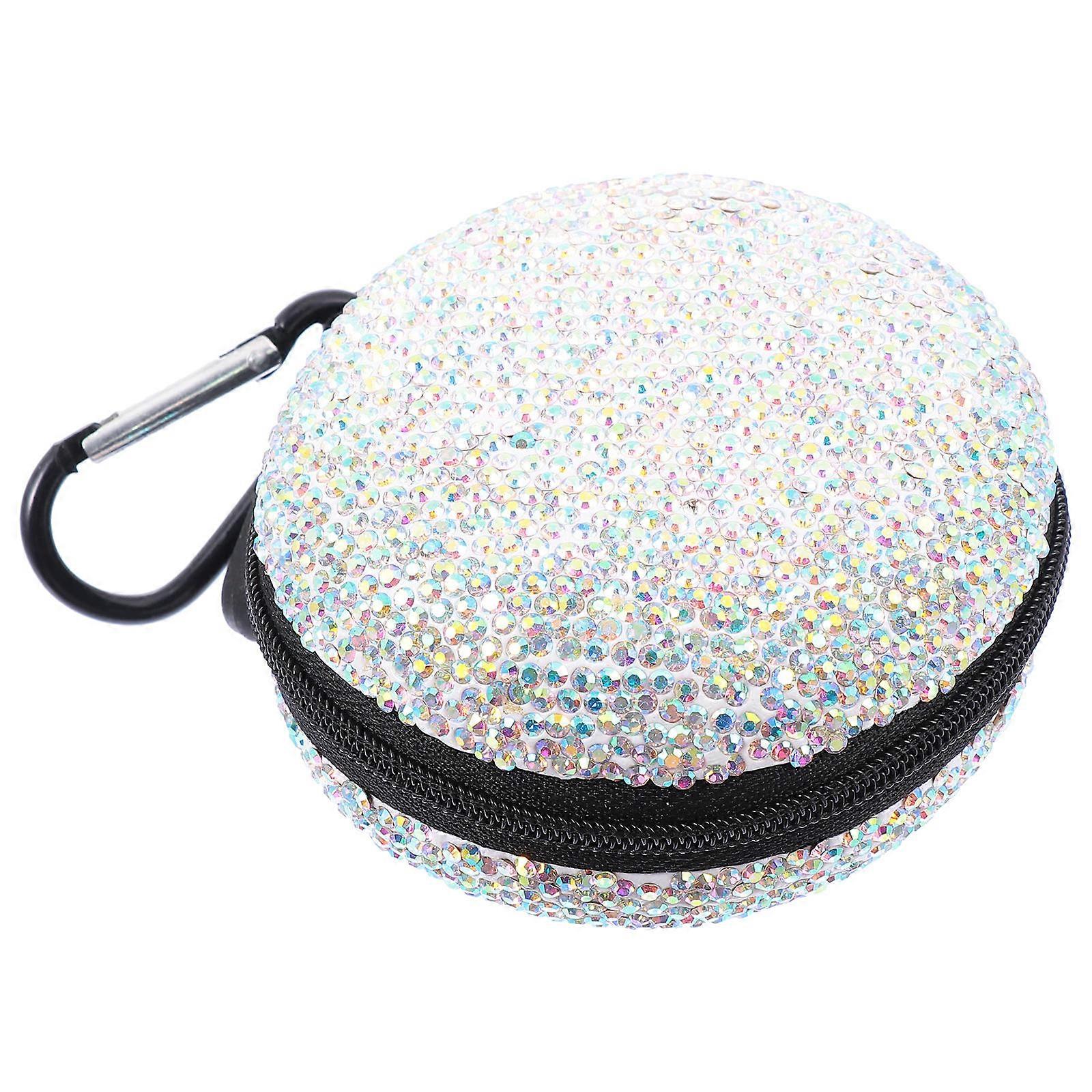 Rhinestone Earphone Organizer Case USB Cable Bag Shockproof Storage for Headphones with Carabiner Easy Access Zipper Travel Everyday Use