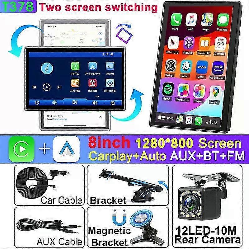 Universal 8 Inch Portable Rotatable Car Screen Wireless Carplay Android Auto & WIFI Mirror Link with Rear Camera and AUX Stereo
