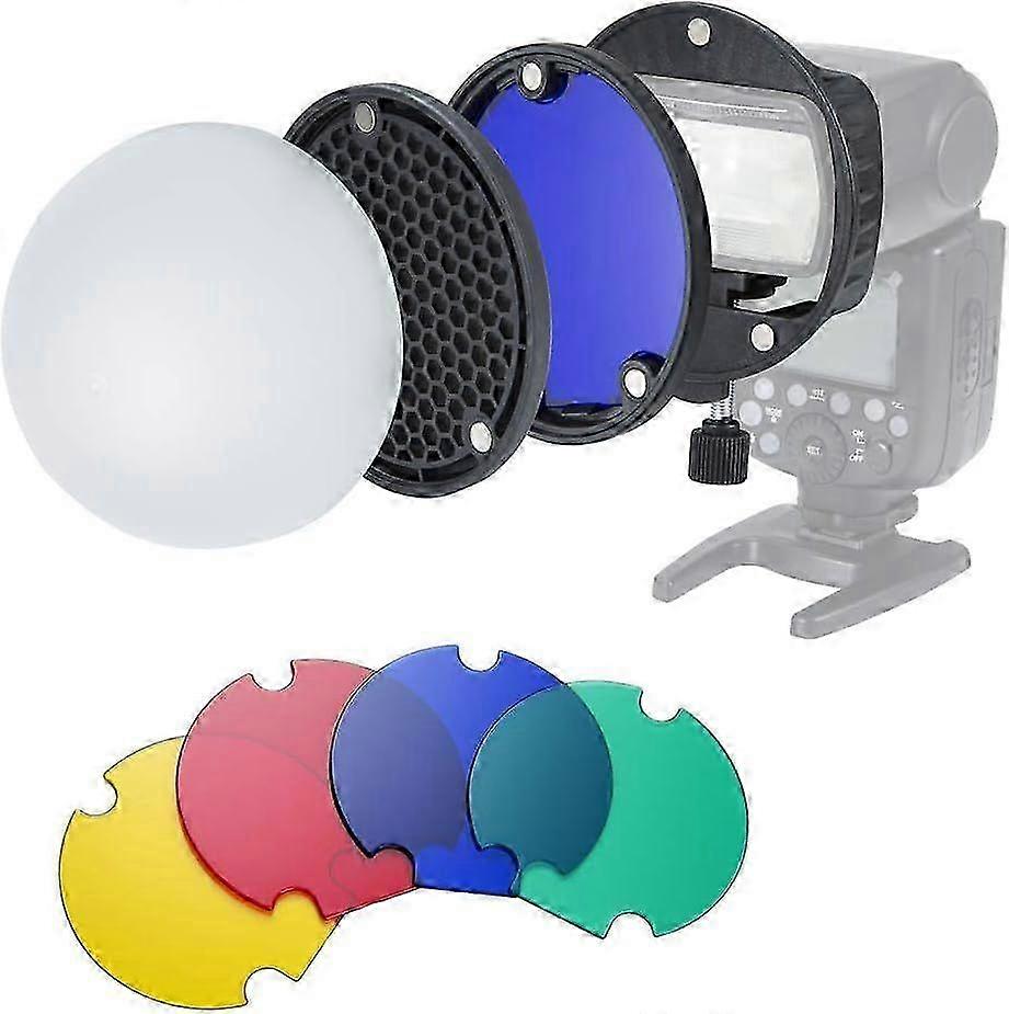 Flash Diffuser for Speedlite, Flash Accessories Kit with Dome Diffuser, Honeycomb Grid, Color Gels, Universal Mount Adapter for Compatible B