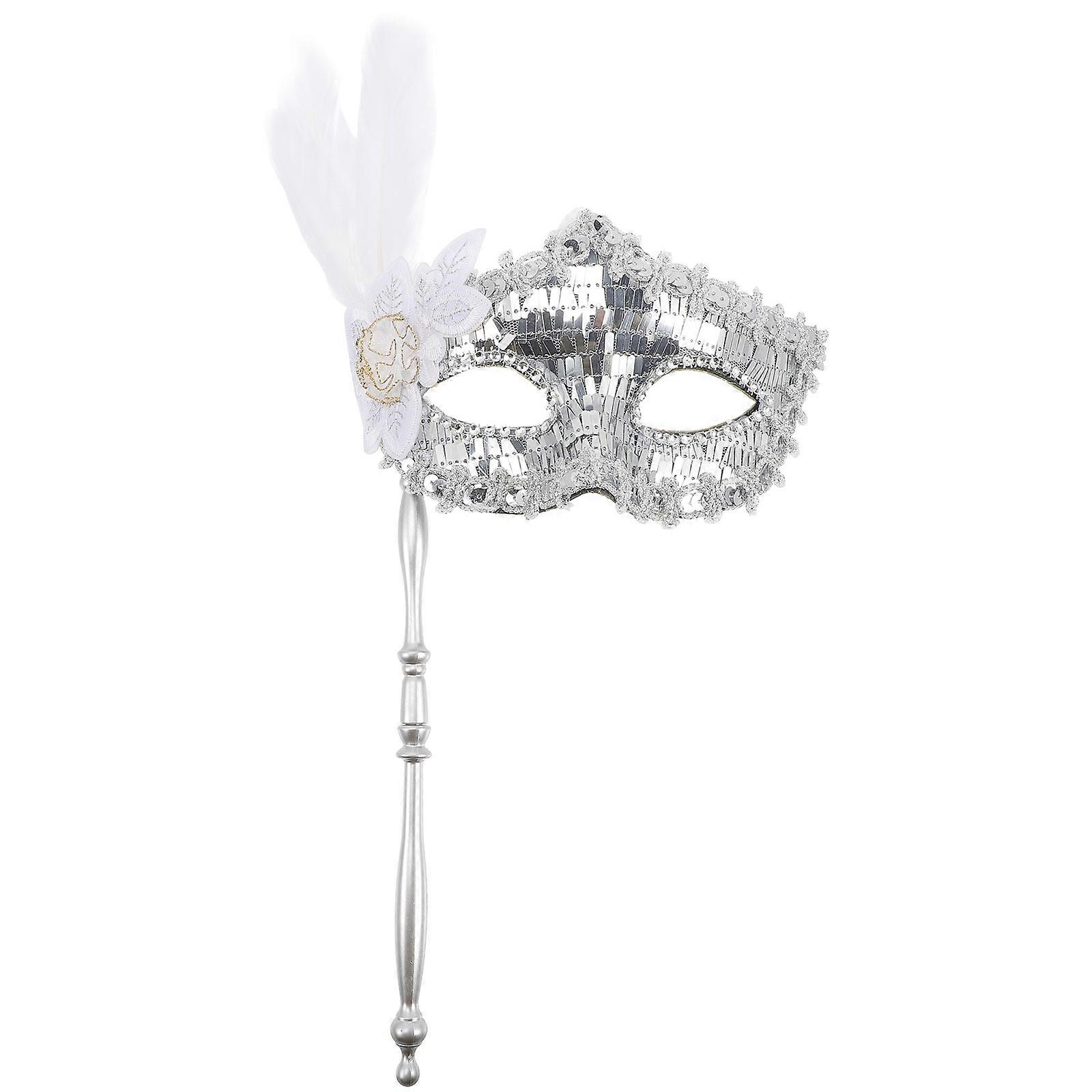 Masquerade Party Mask Half Face Silver 33x17cm Plastic Decorative Handheld 1Pcs
