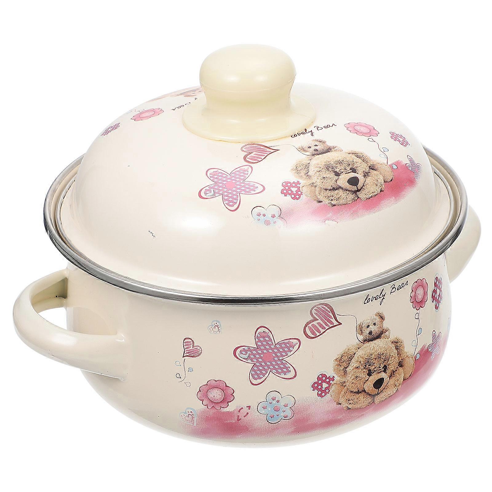 Lovely Pattern Enamel Cooking Pot with Double Handles for Soup, Milk, and High Temperature Cooking – Practical Household Kitchenware