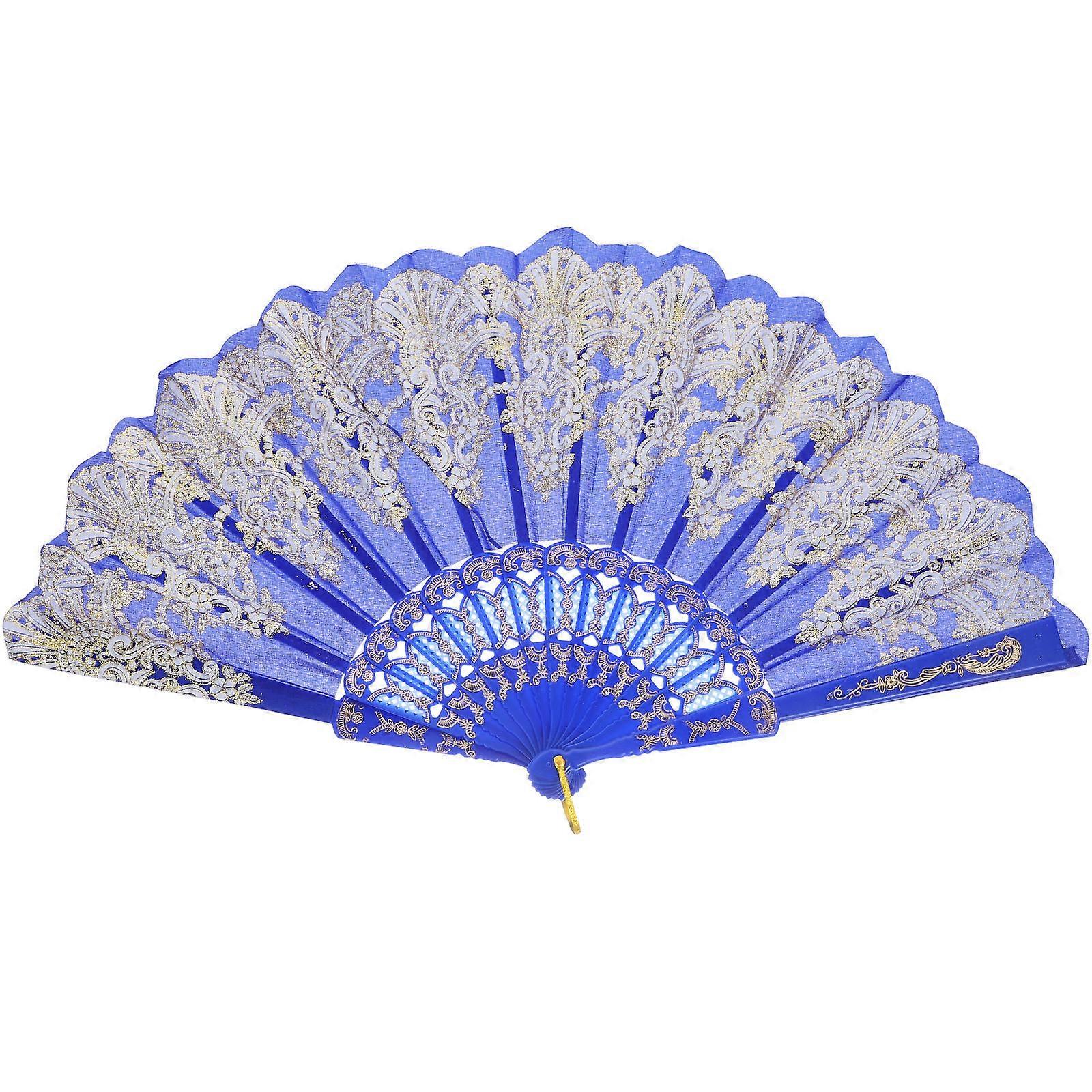 Printed Folding Fan Large Chinese Design Portable For Various Occasions Blue 1Set