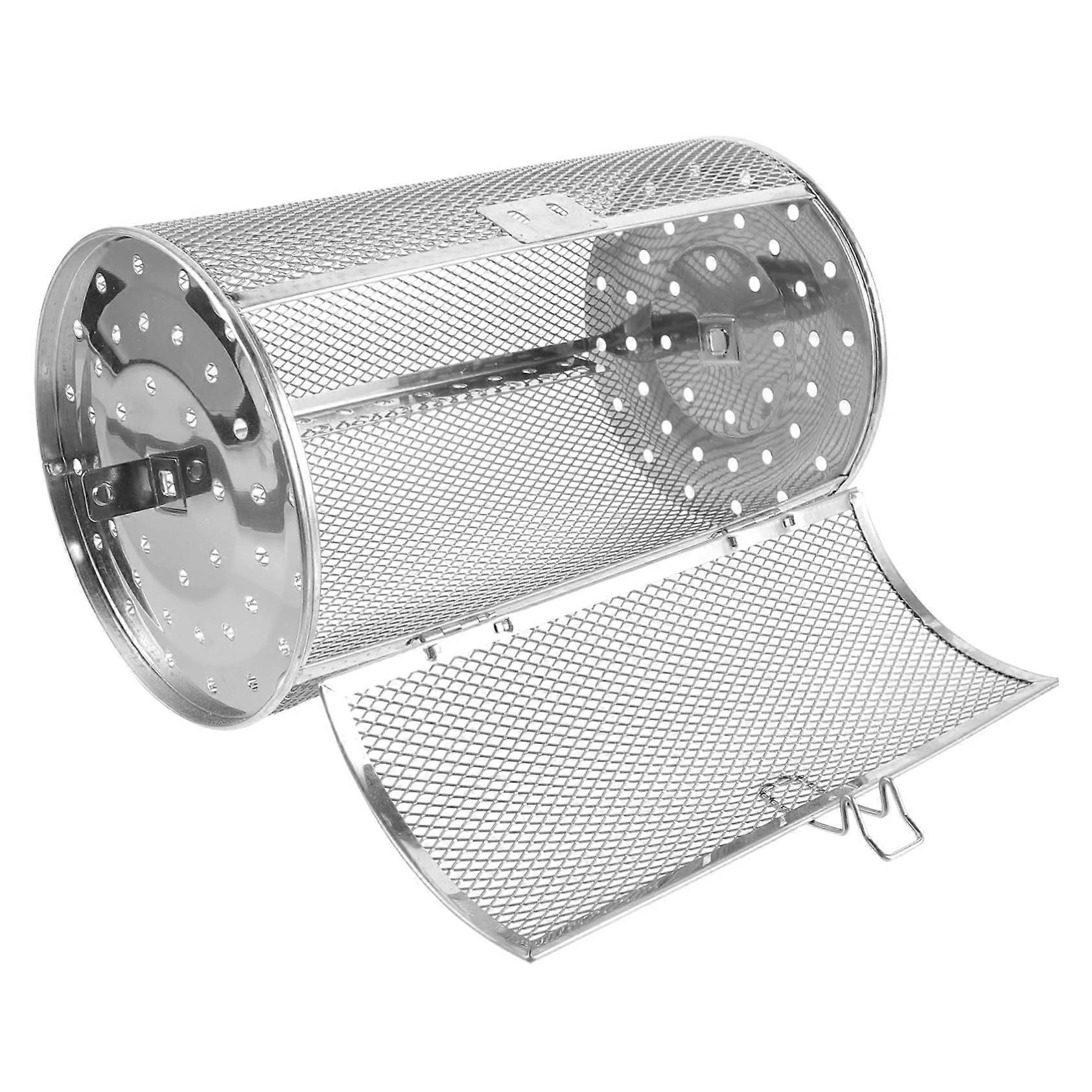 Electric oven grill cage with rotating mechanism for BBQ nuts and vegetables, easy to use with movable door for camping and outdoor activities.