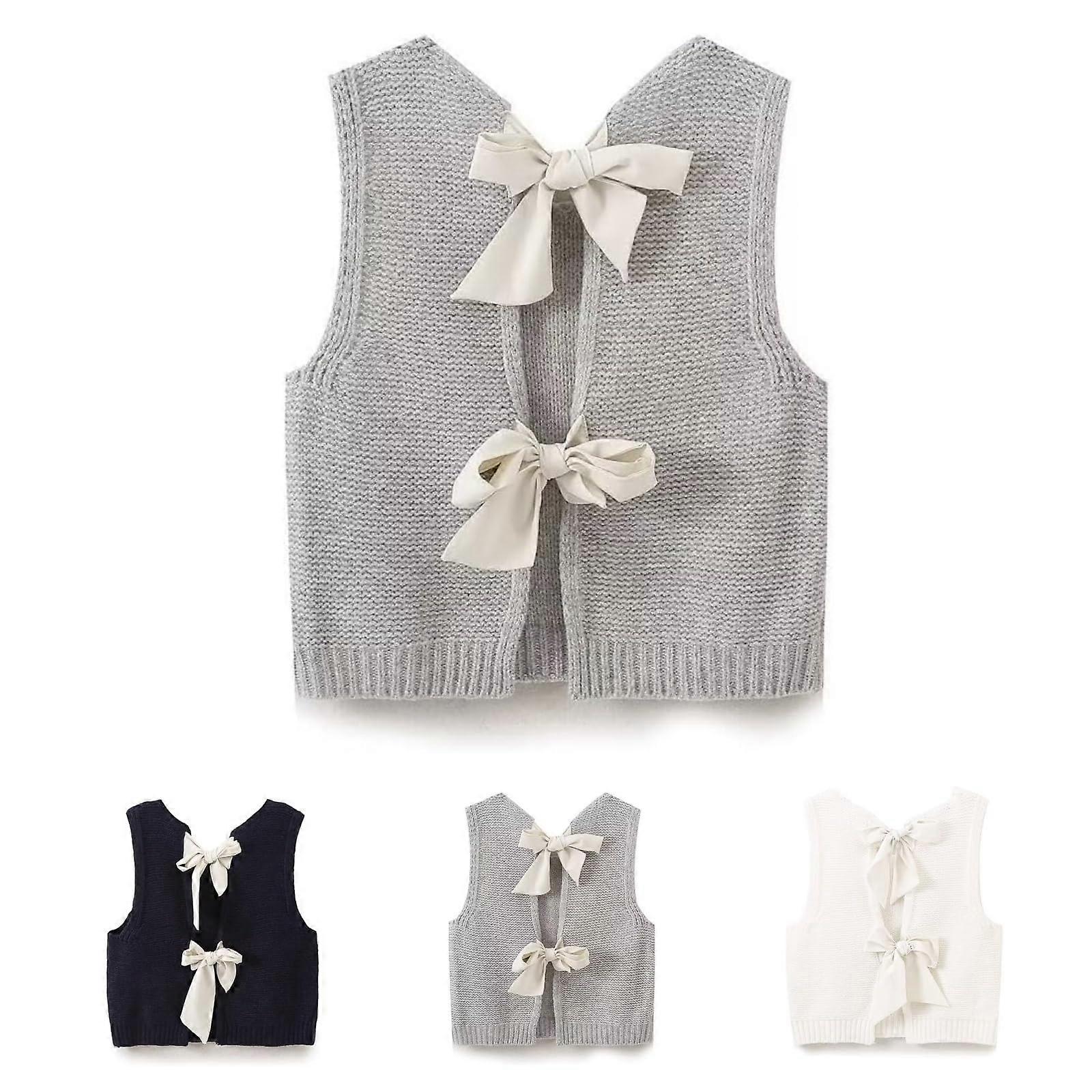 Women's Bow Vest Retro Layered Short Sleeveless Sweater Backless Cardigan Pullover Gray L Ref: 2267