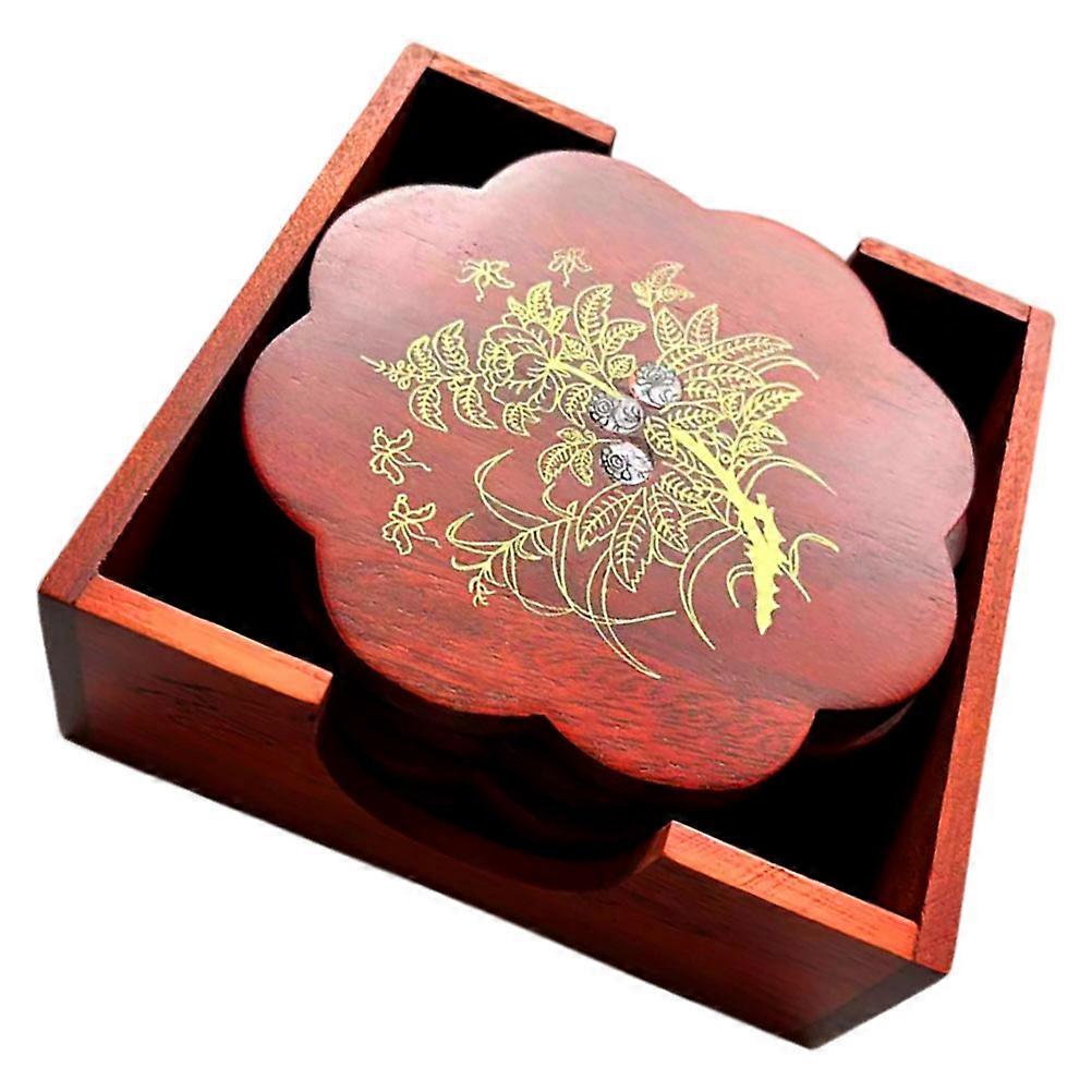 1 Set Dark Red Wooden Coasters with Storage Holder for Decoration Heat Insulation and Easy