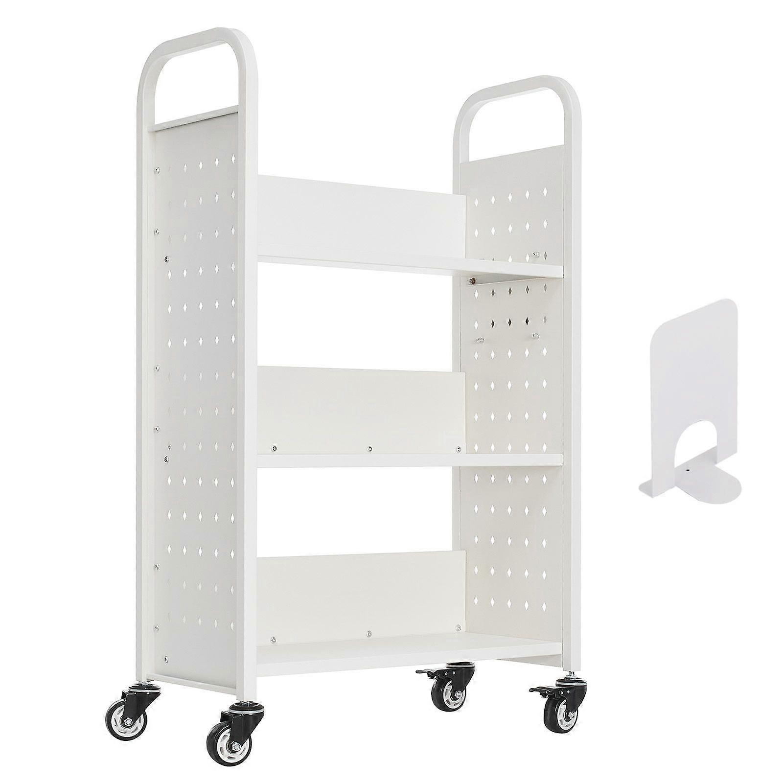 Rolling Library Book Cart, 150 kg Capacity, 77 x 38 x 122 cm Library Cart with 76.2 mm Lockable Wheels, White