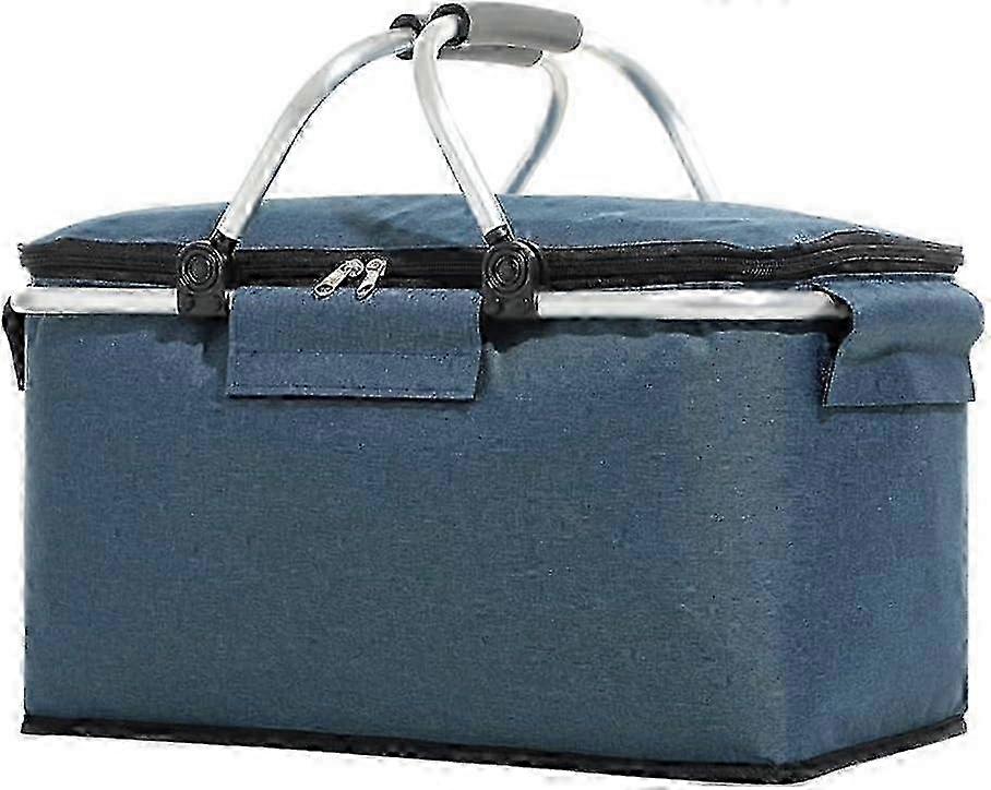 Insulated 30L Foldable Picnic Basket for Travel with Aluminum Frame & Waterproof Lining - Blue