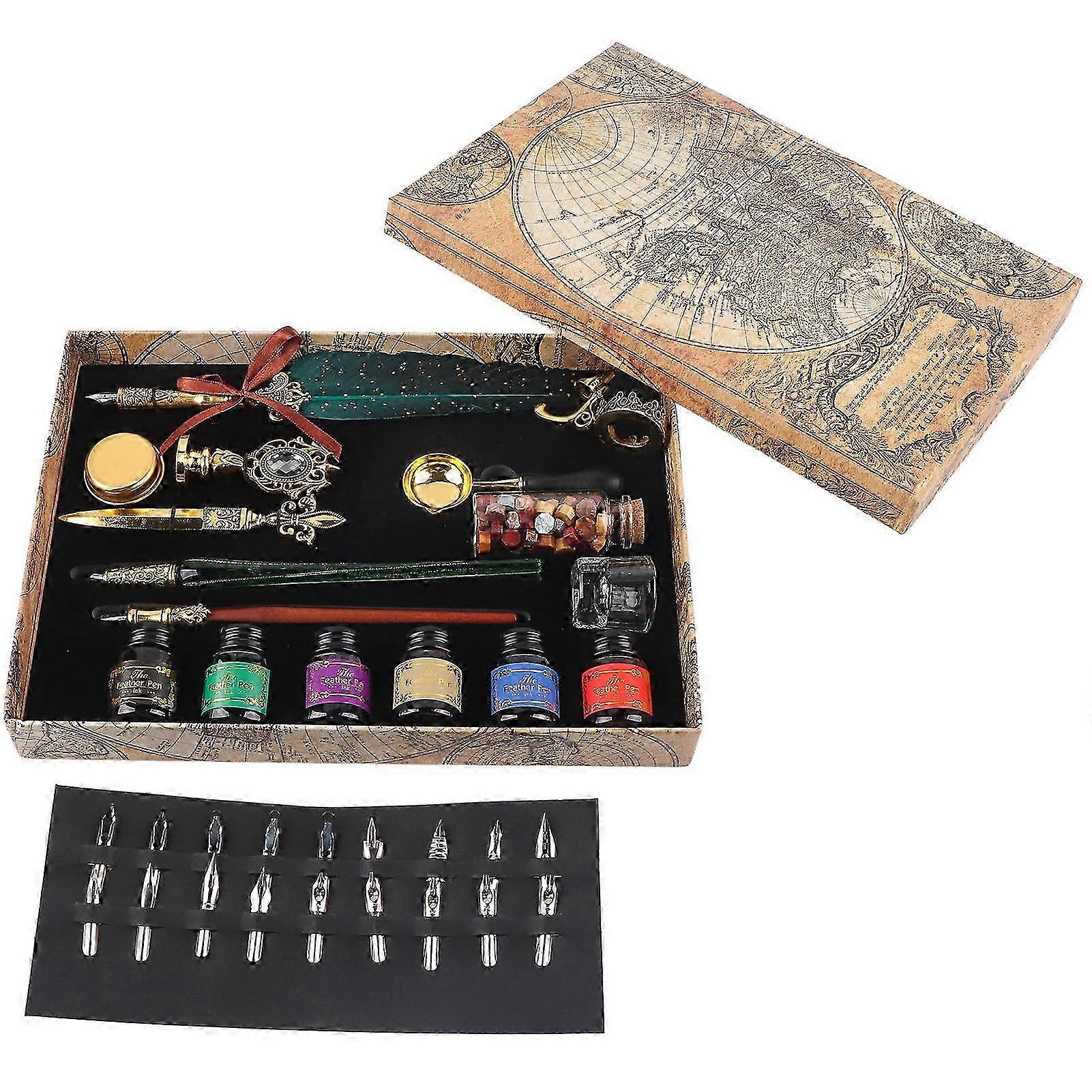 Feather Pen Set European Style British Retro Lacquer Stamp Dipped in Water Quill Pen Set with InkDark Green 25-26