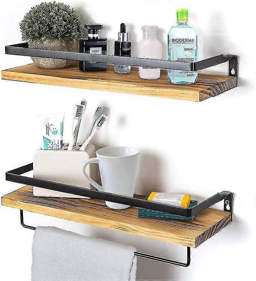 2 Layer Wooden Rustic  Floating Storage Shelves With Towel Rack