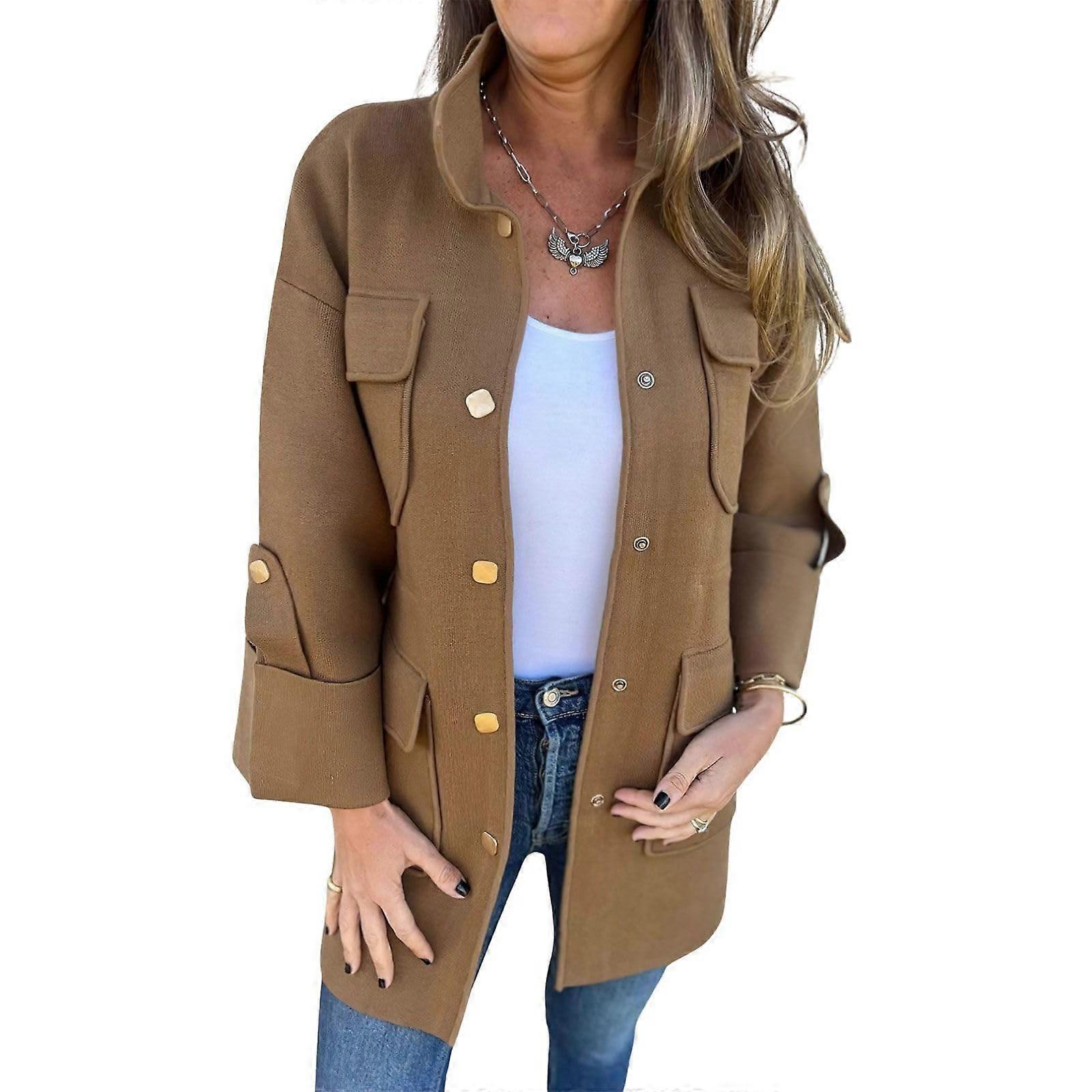 Women's Wool Pea Coats Stand Collar Long Sleeve Button Down Blazers Winter Coats with Multi Pockets  Khaki XL