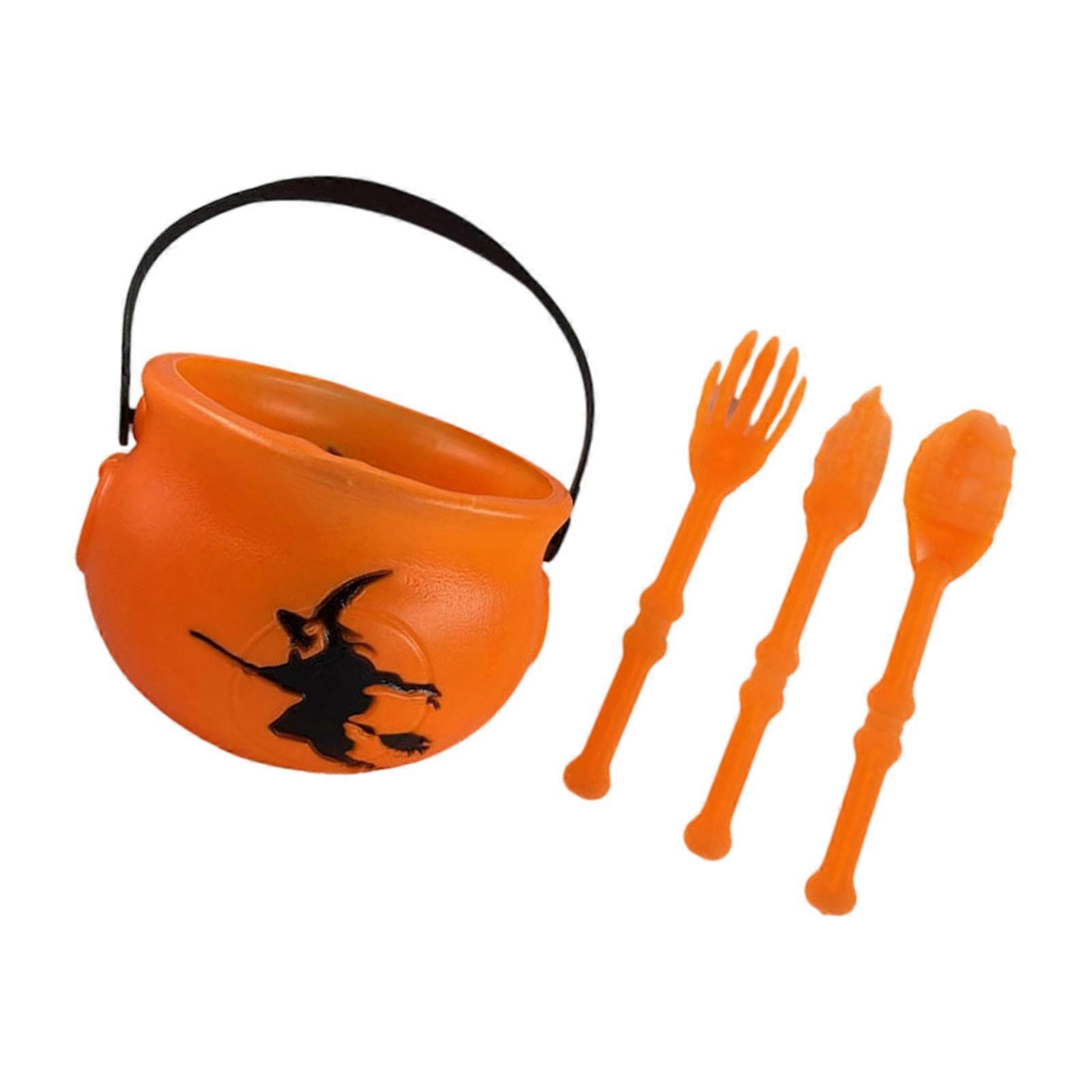 Witch Cauldron Candy Bucket With Plastic Tableware Halloween Plastic Candy Bucket With Handle For Festival Activities  Orange