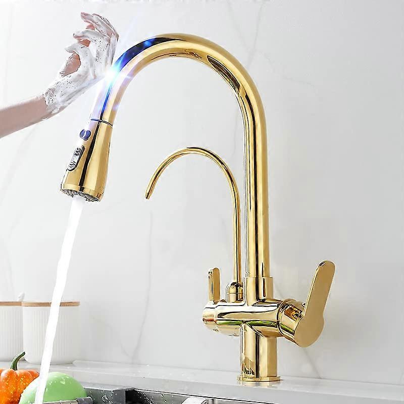 Touch Sensor Kitchen Faucet with 3 Function Pull Down Gold Mixer Tap for Hot Cold Filtered Water
