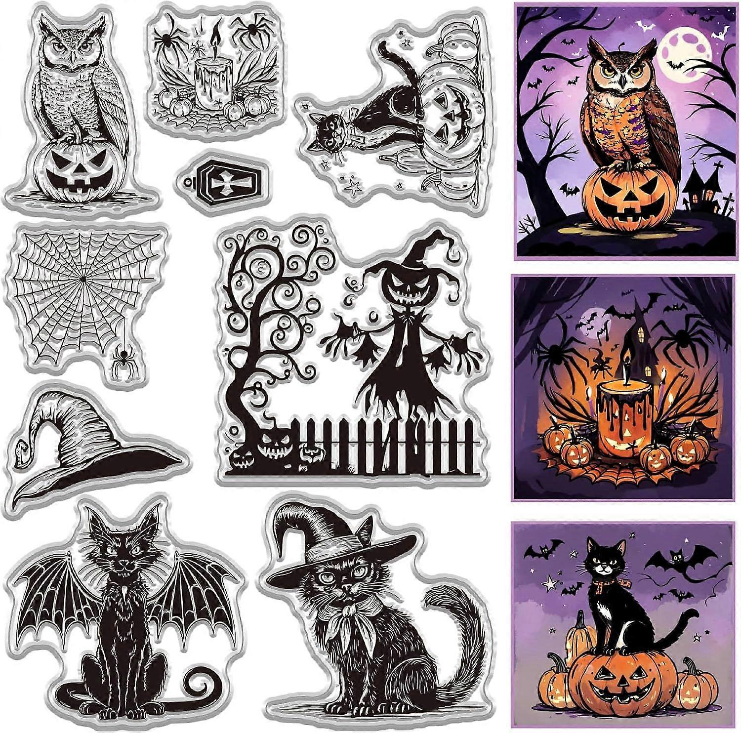 Owl Clear Stamp for Card Making Pumpkin Monster Hat Cat Terror Rubber Silicone Reusable Transparent Seal for Envelope Journaling DIY Scrapbooking Embo