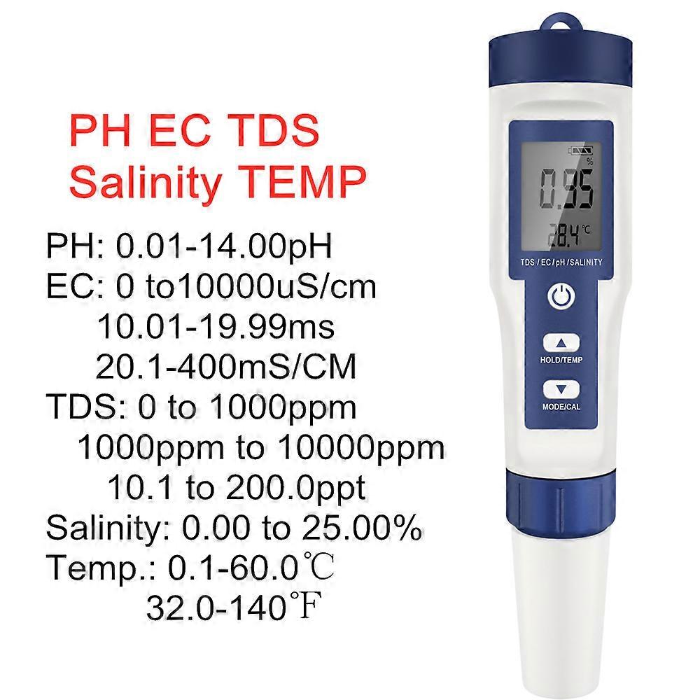 5 In 1 Digital PH TDS EC Meter Salinity Temperature Tester Conductivity Water Filter Purity Pen with backlight 50%off