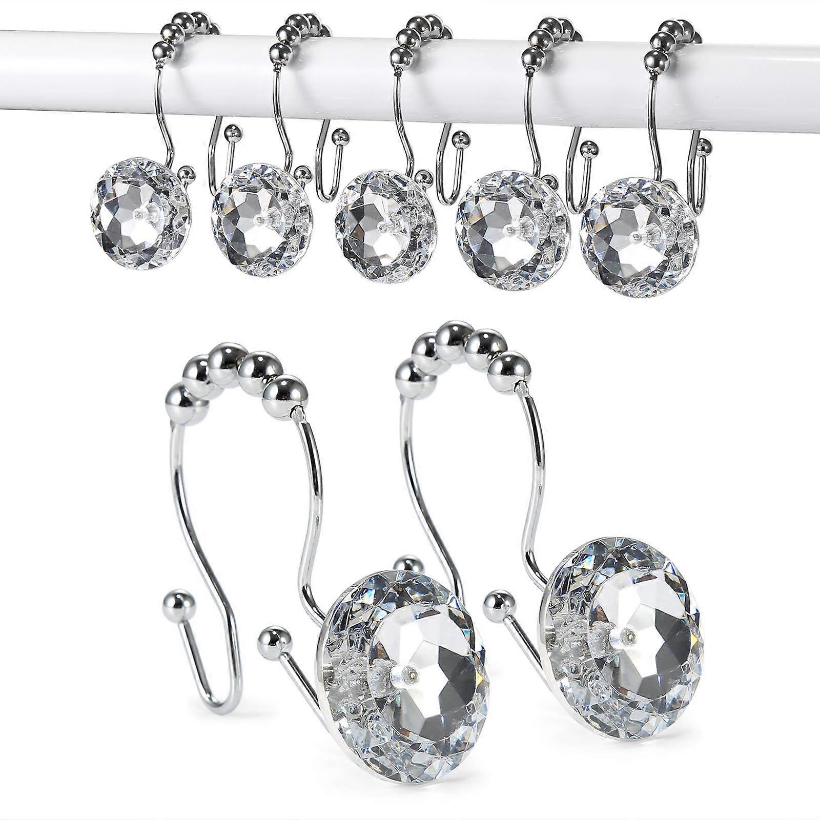 Shower Curtain Hooks Set of 12 Crystal White Rings, Rustproof Stainless Steel Double Glide for Curtains and Liners