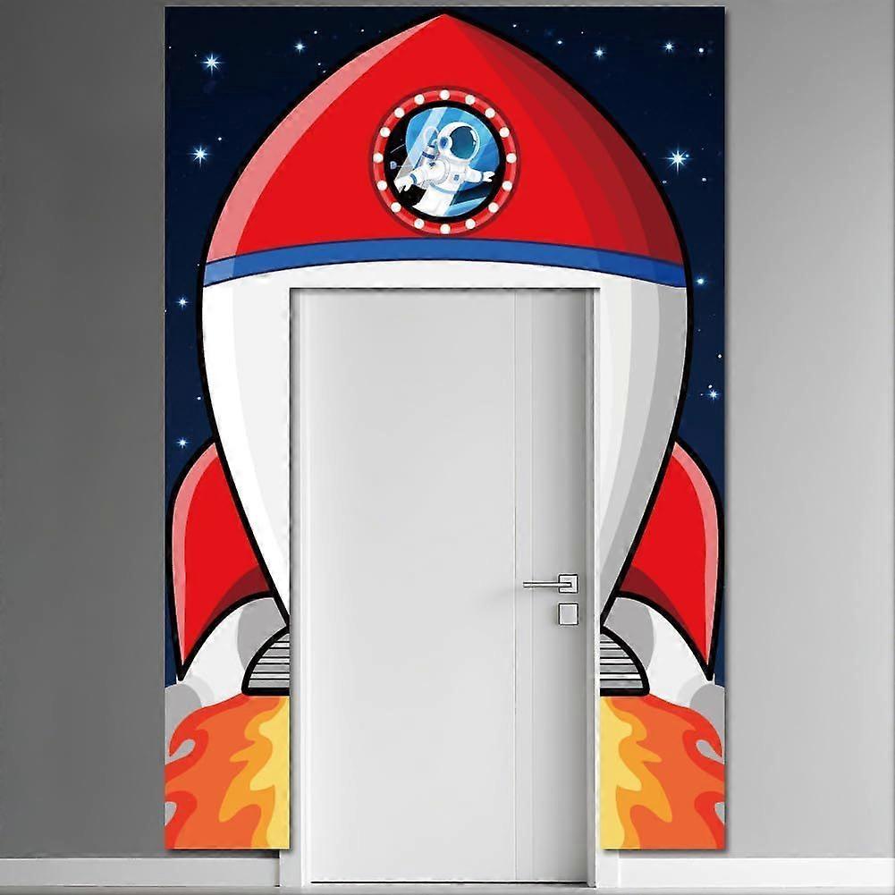 Space Theme Party Decorations Backdrop 8.9x5.9Ft Rocket Ship Door Banner Backdrops Astronaut Planet Rocket Photography Background for Space Theme Part